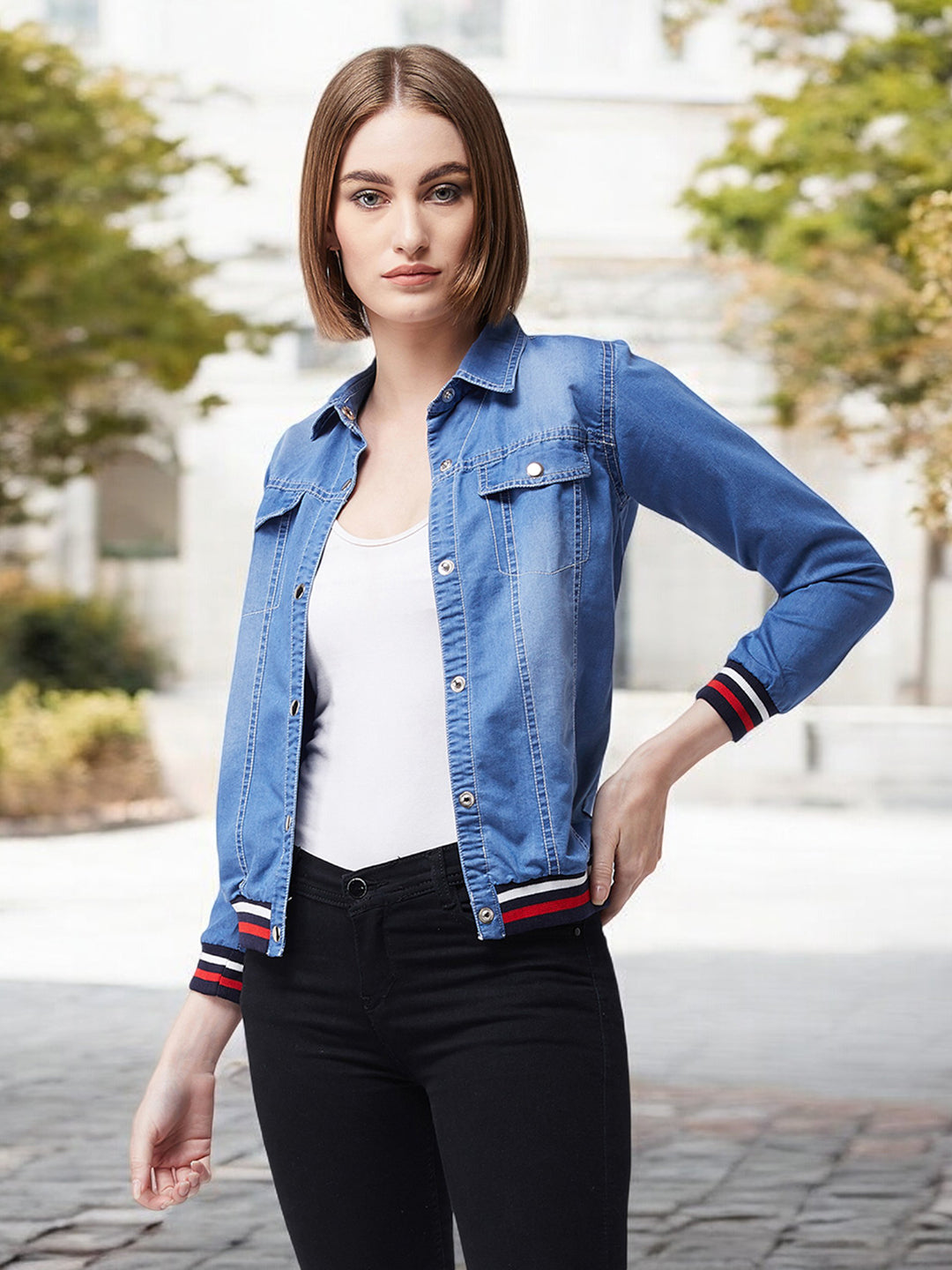 Women's Blue Polo Neck Full Sleeves Solid Buttoned Rib Detailing Denim Bomber Jacket