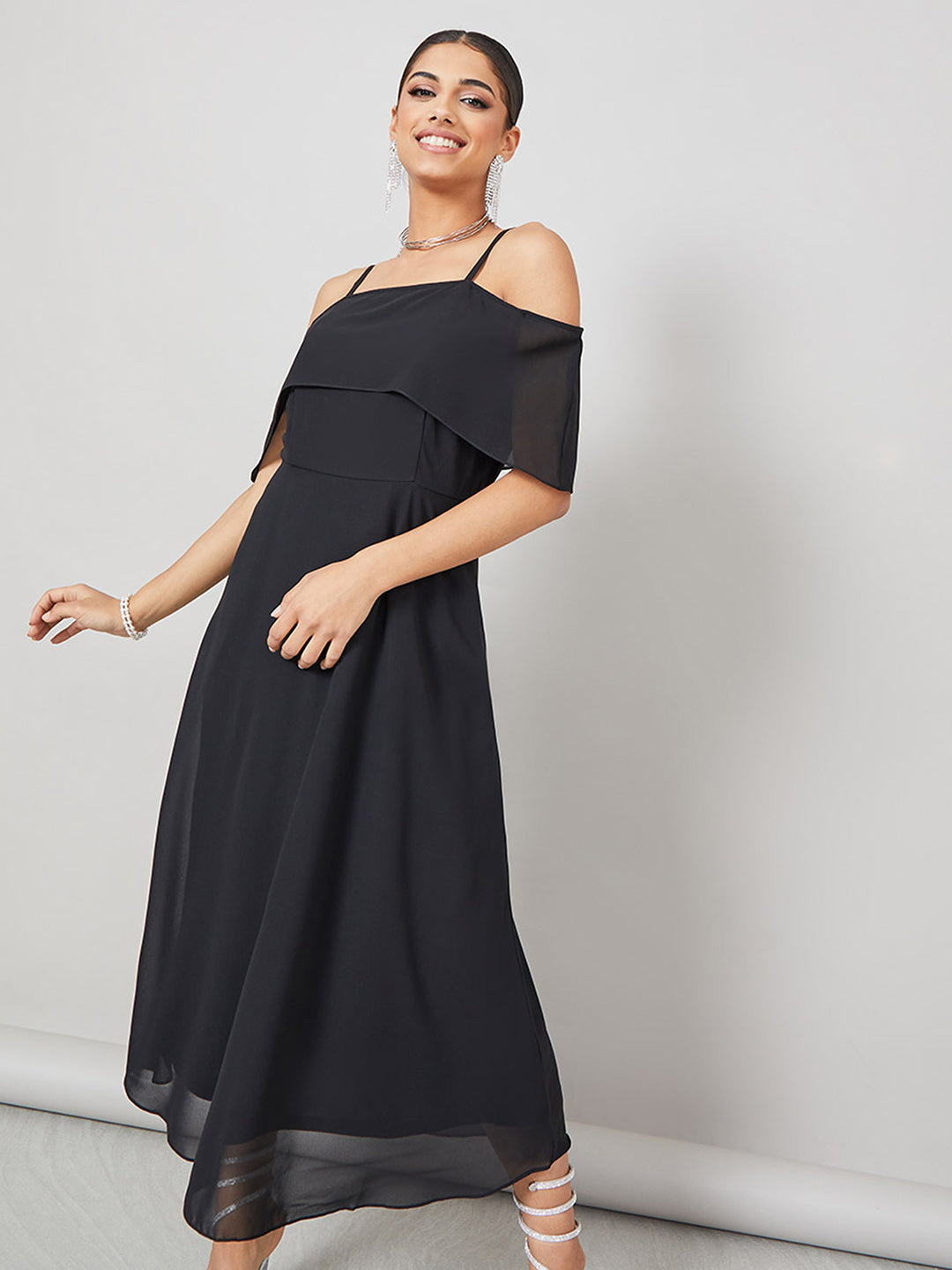 Women's Black Bardot Style Sleeveless Spaghetti Strap Solid Off Shoulder Midi Skater Dress