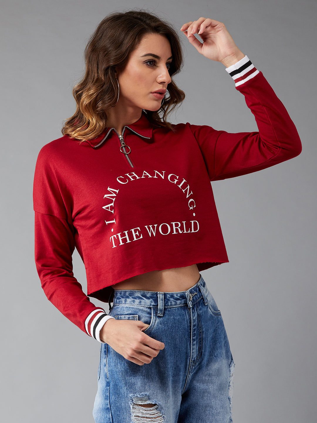 Women's Maroon Round Neck Full Sleeves Ribbed Solid Boxy Printed Crop Sweatshirt