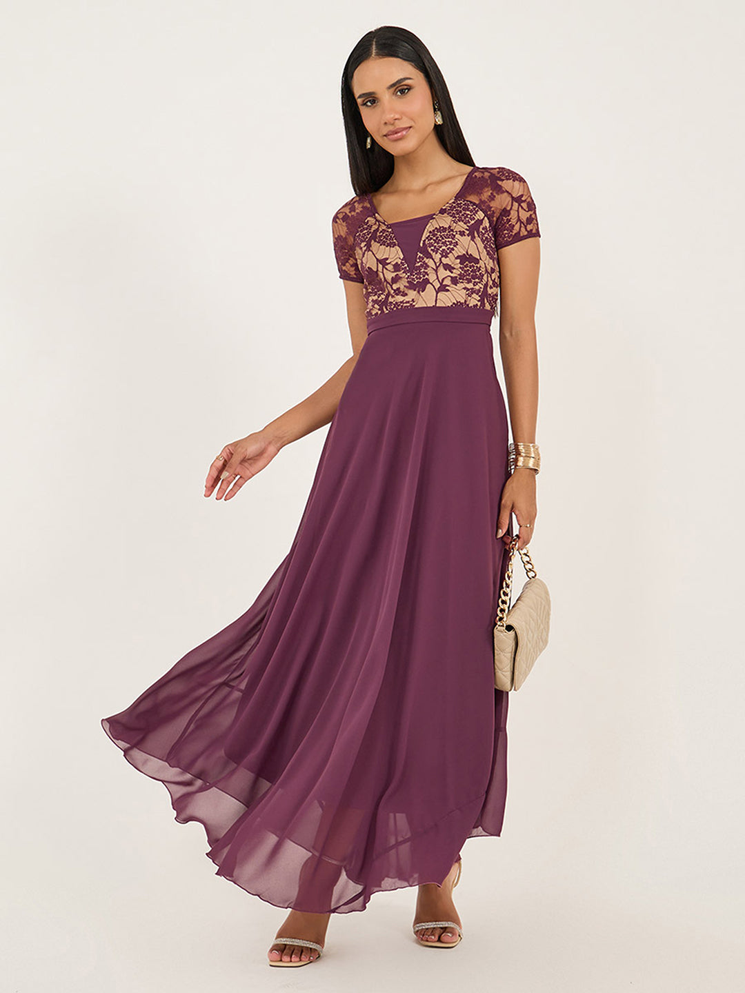 Women's Mauve Square-Neck Raglan-Sleeve Self-Designed Flared Georgette Maxi Dress