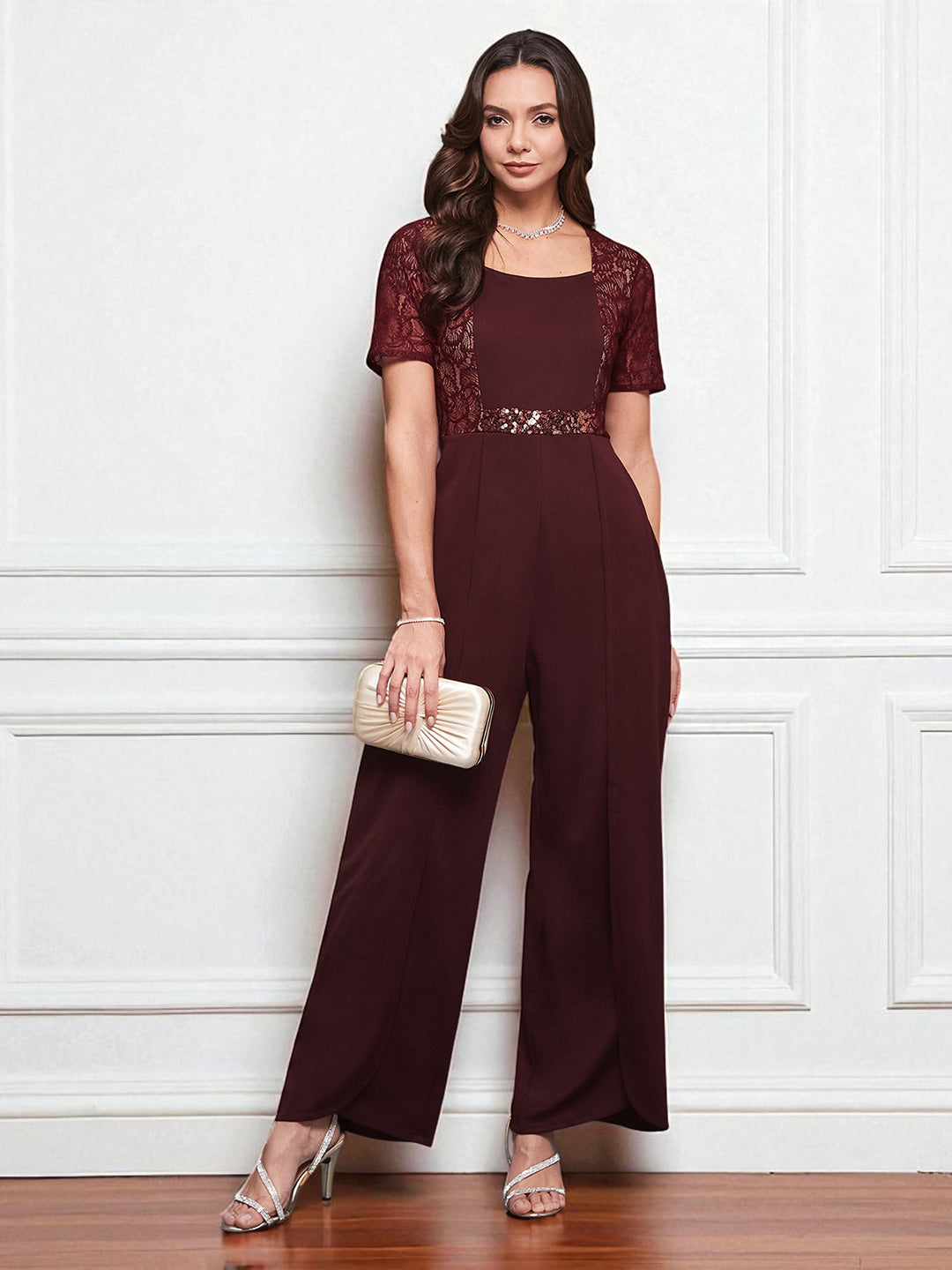 Women's Wine Square Neck Half Sleeve Self-Designed Panelled Regular-Length Polyester Jumpsuit