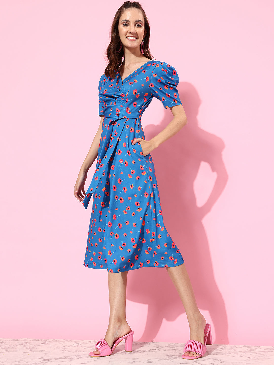 Crease Ease Women's Multicolored-Base-Blue V-Neck Pleated Puff Sleeve Floral Patterned Wrap Midi Polyester Dress