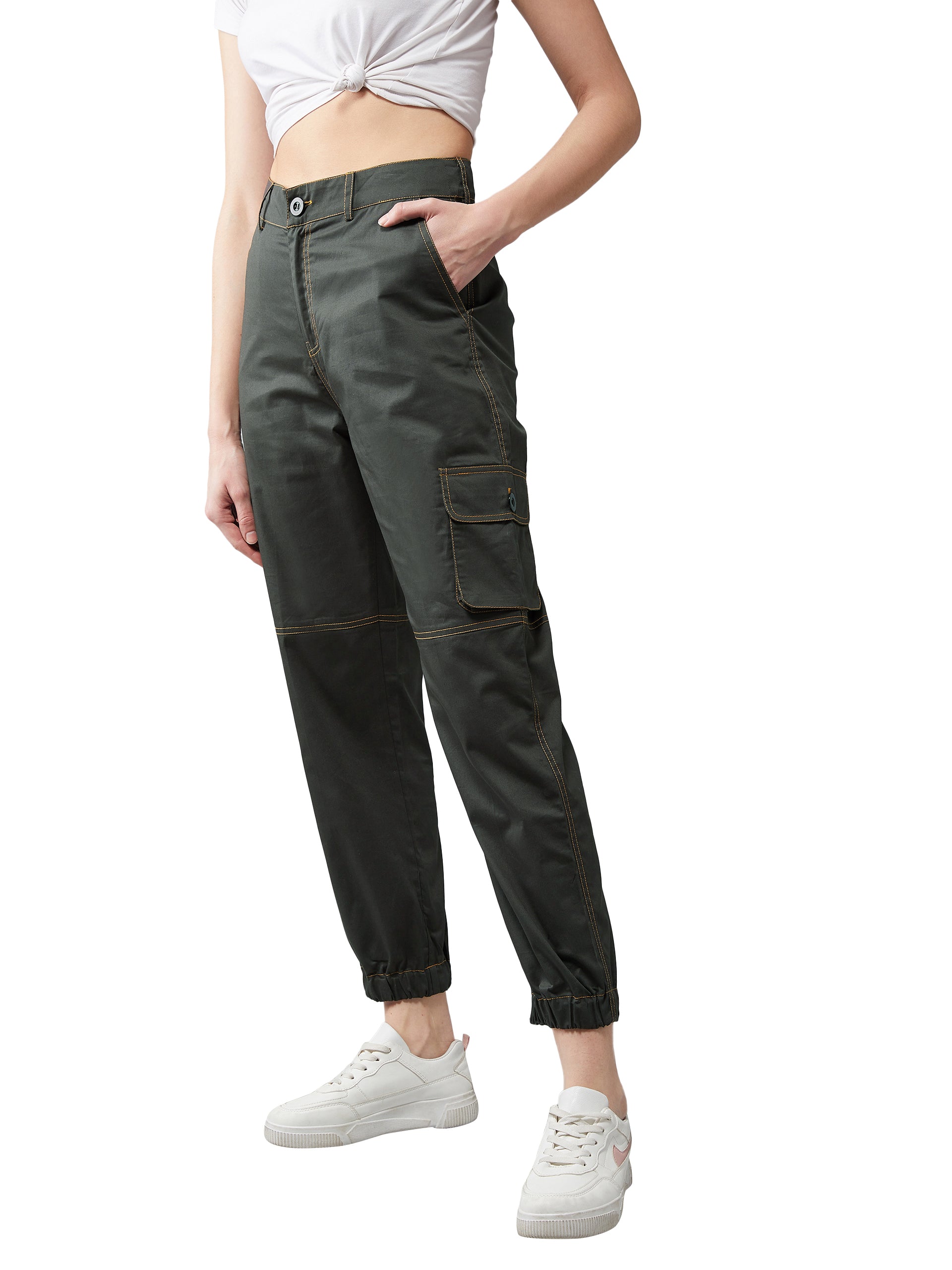 Women's Cotton Green Solid Regular Length Joggers