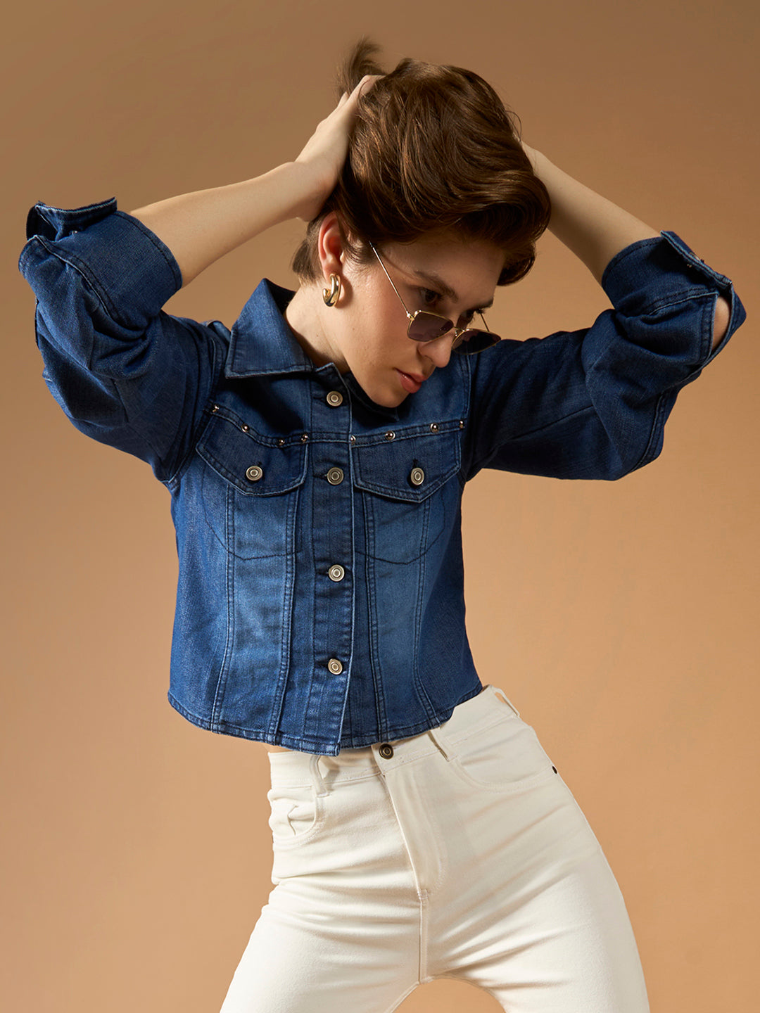 Women's Navy Blue Solid Polo Neck Full Sleeves Buttoned Denim Embellished Cropped Jacket