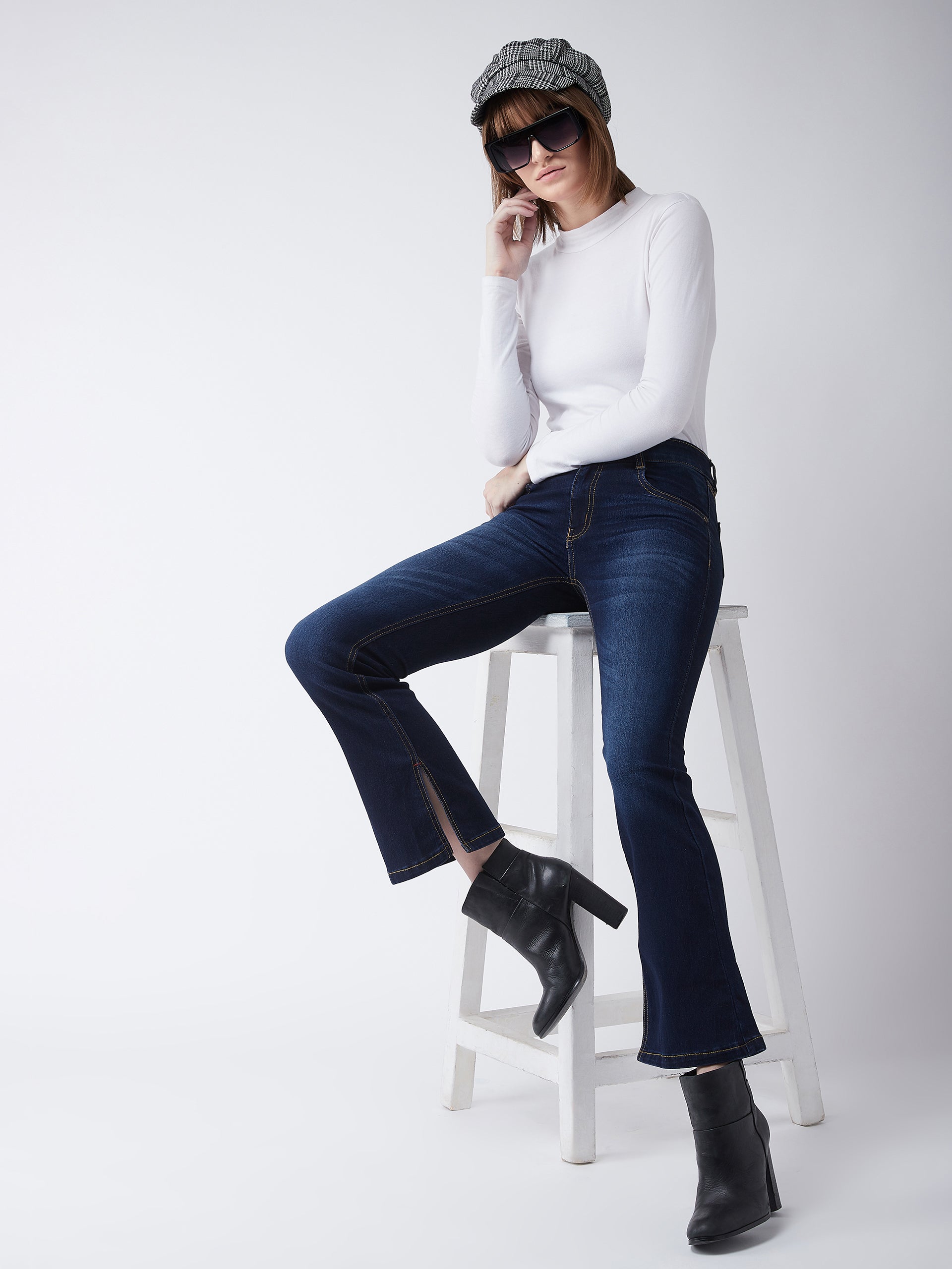 24/7 Comfort Women's Timeless Blue Bell Bottom Bootcut Mid Rise Slit Denim Stretchable Jeans