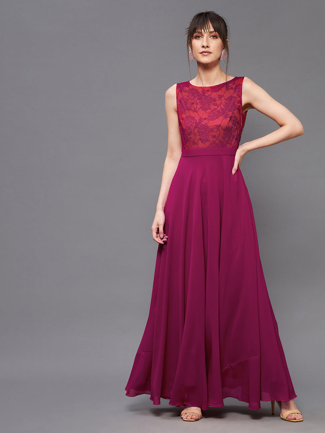 Women's Dark Pink & Rust Boat Neck Sleeveless Self Design Lace Overlaid Regular Dress