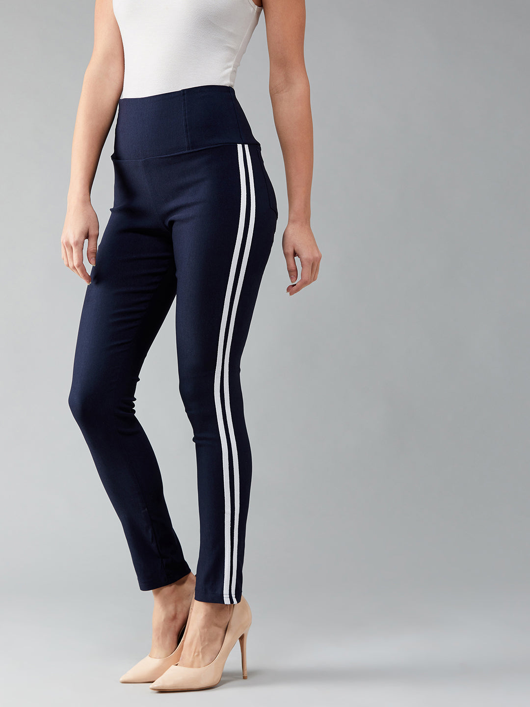 Women's Navy Blue Solid Skinny High Waist White Twill Tape Detailing Regular Length Treggings