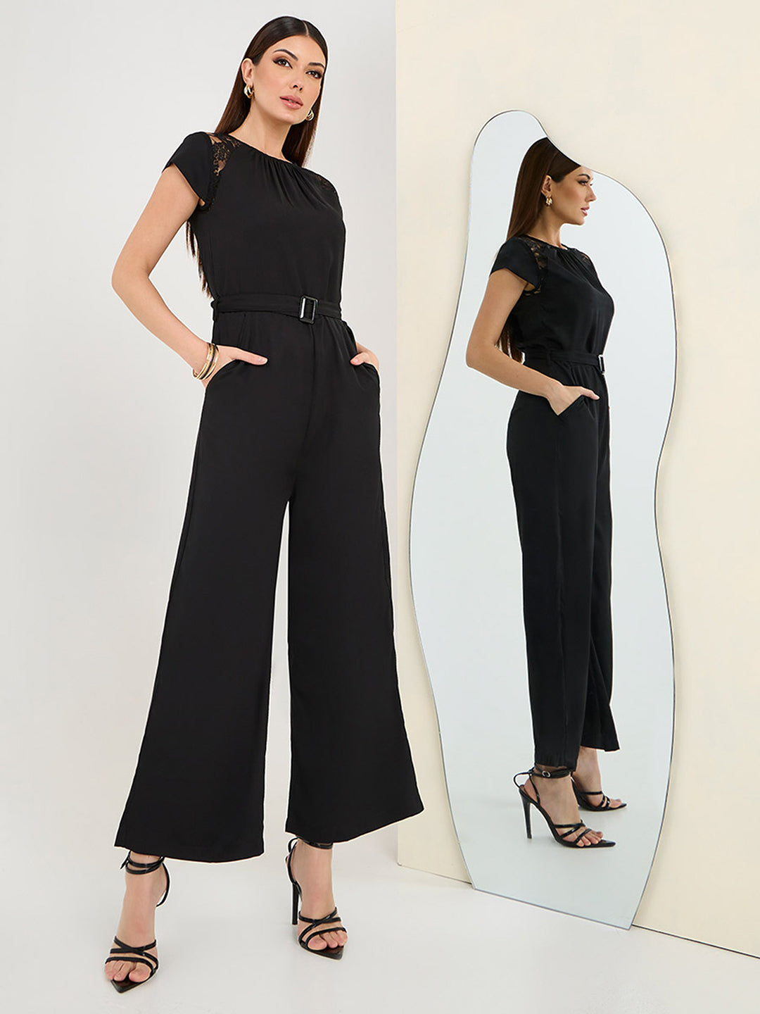 Women's Black Round Neck Cap Sleeve Solid Straight Leg Belted Maxi Jumpsuit
