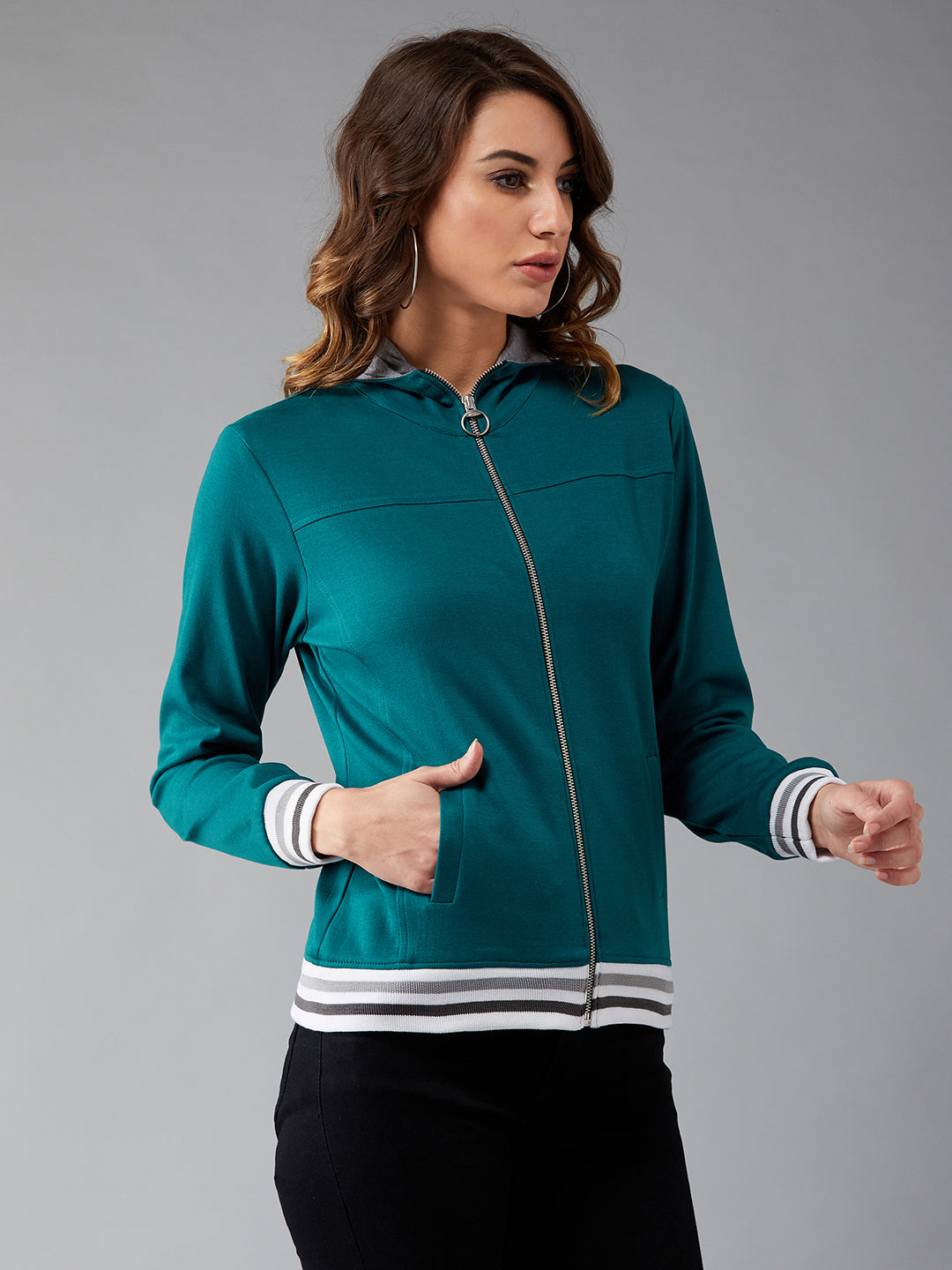 Women's Turquoise Blue Mock Collar Full Sleeves Solid Hooded Regular Length Jacket