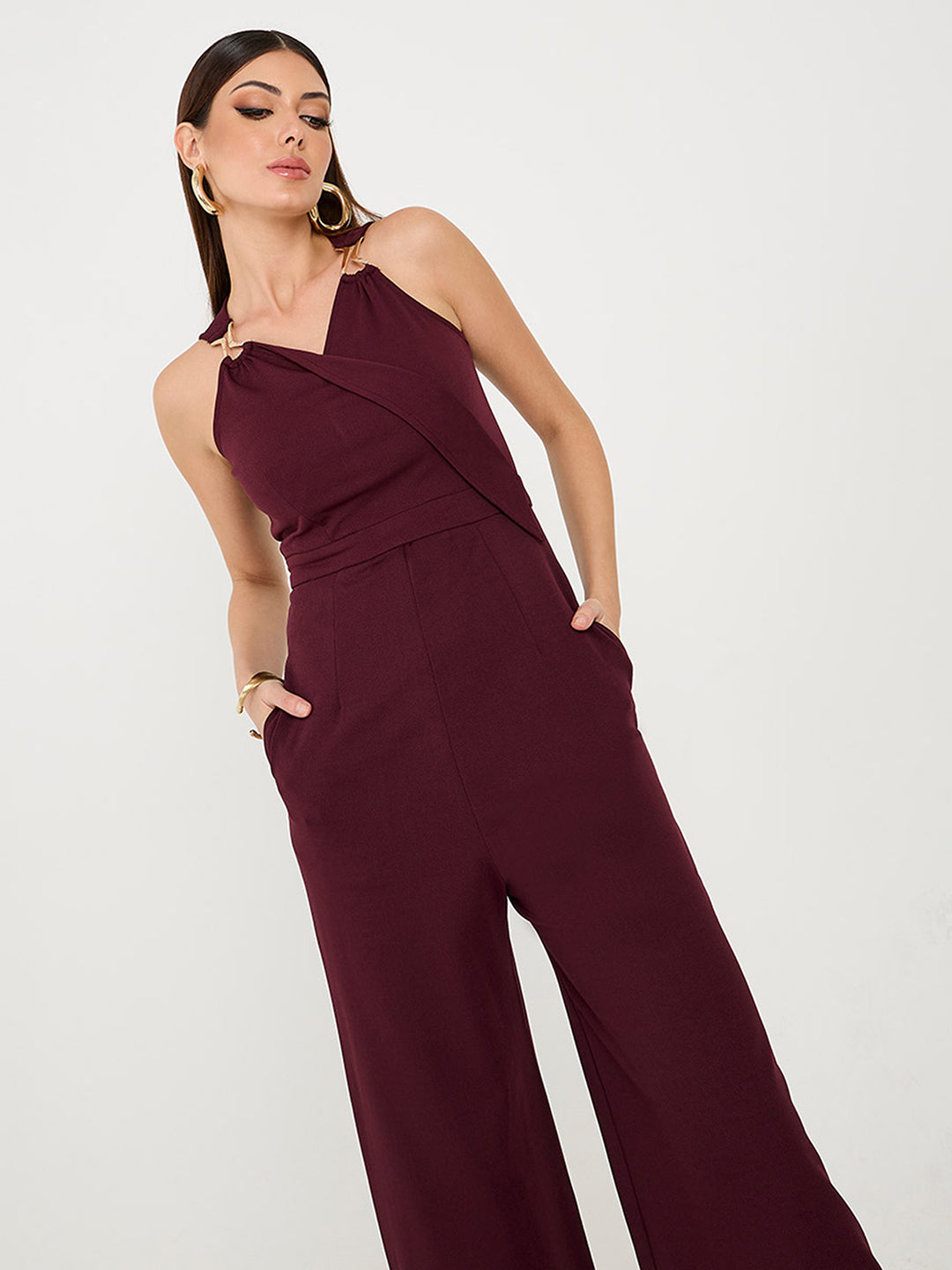 Women's Wine V-Neck Sleeveless Solid Wrap Regular Jumpsuit