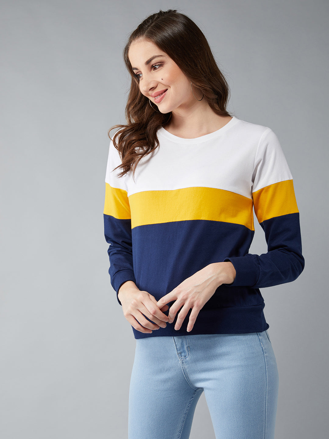 Women's Multicolored With A Navy Blue Base Round Neck Full Sleeves Cotton Solid Colorblock Paneled Boxy Sweatshirt