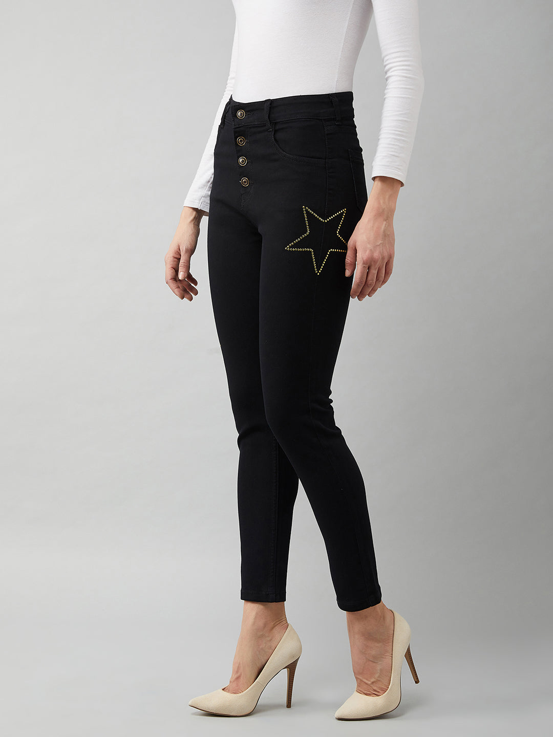 Women's Black Cotton Skinny Fit Relaxed High Rise Regular Length Stretchable Denim Jeans