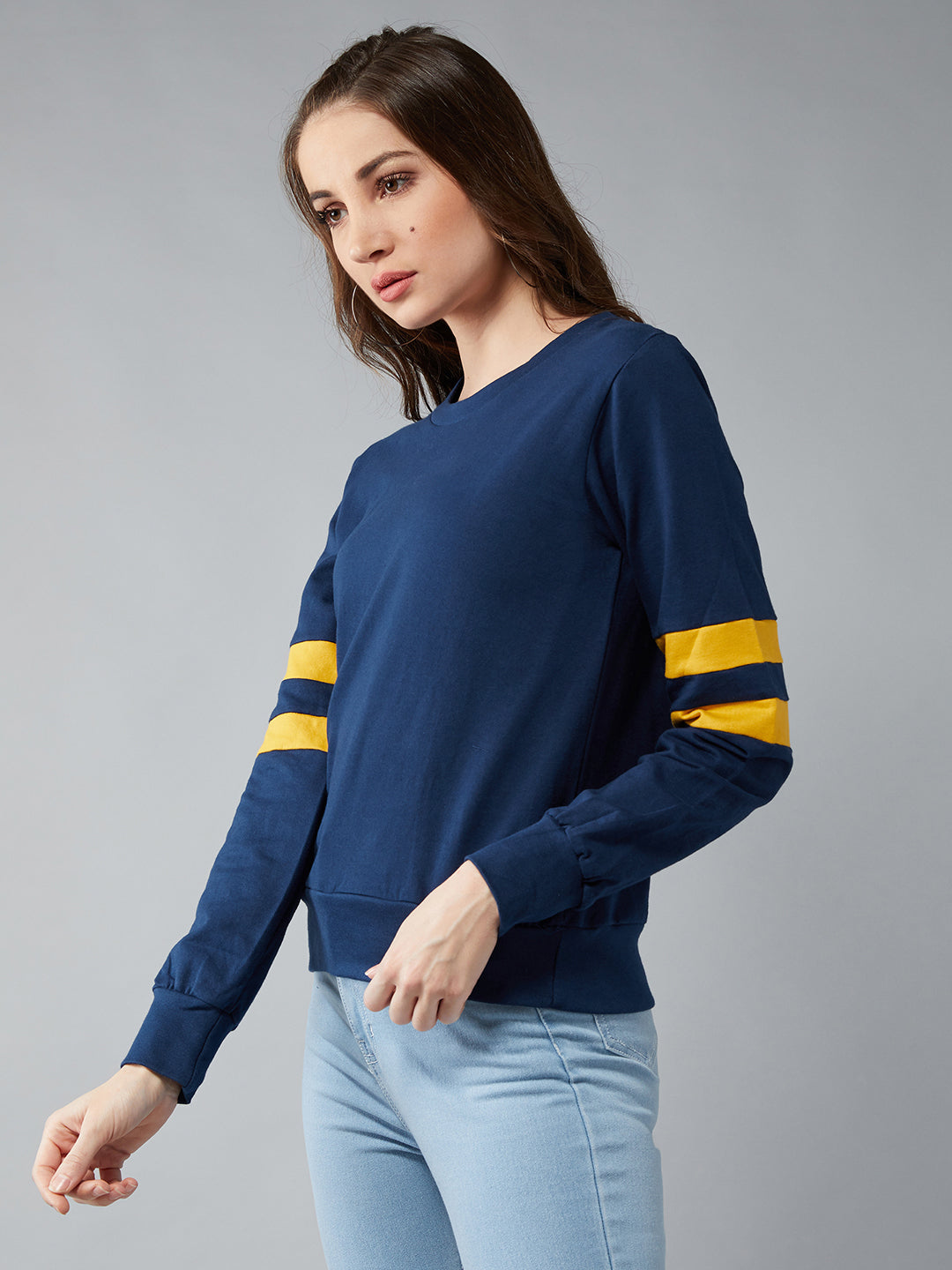 Women's Navy Blue Round Neck Full Sleeves Cotton Solid Boxy Colorblock Paneled Sweatshirt