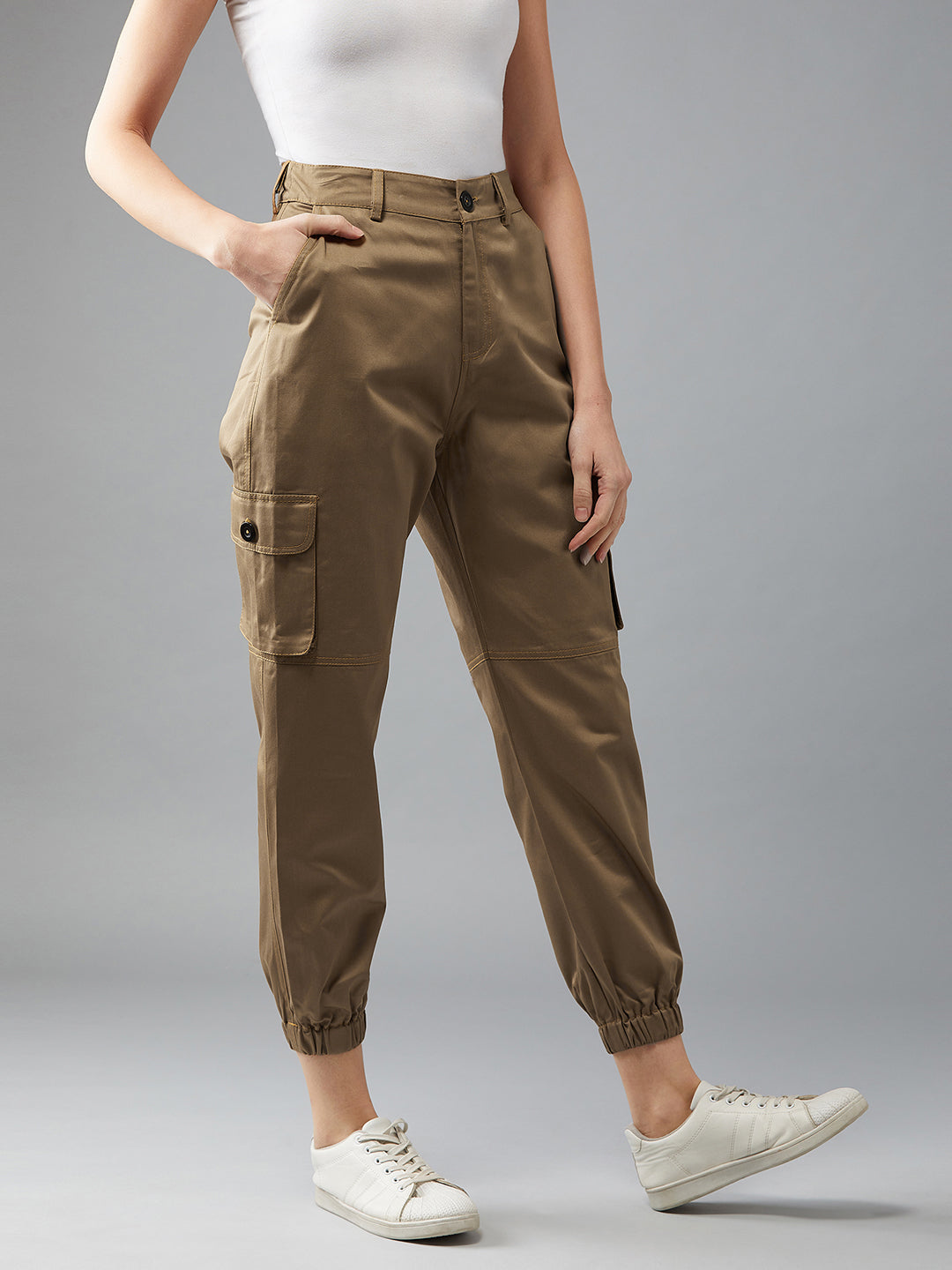 Women's Olive Green Solid Panelled Elasticated Regular Length Joggers