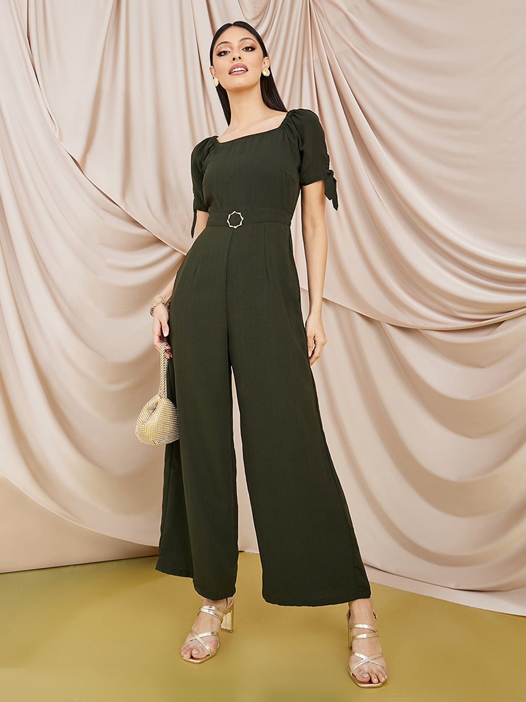 Women's Dark Green Square neck Puff sleeve Solid Wide Leg Regular Jumpsuit