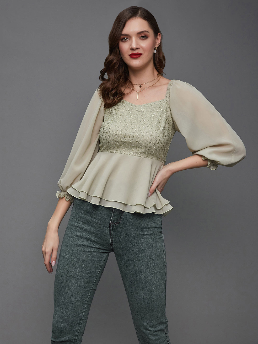 Women's Dusty Green Sweetheart Neck Bishop Sleeve Embellished Peplum Georgette Regular Length Top