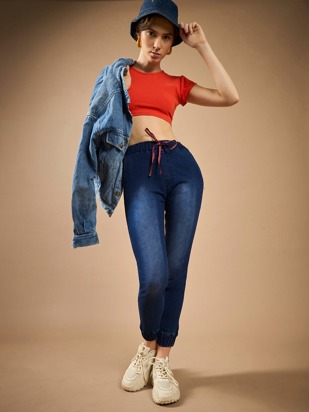 Women's Navy Blue Solid Mid-Rise Clean-Look Regular-Length Stretchable Denim Jogger Pants
