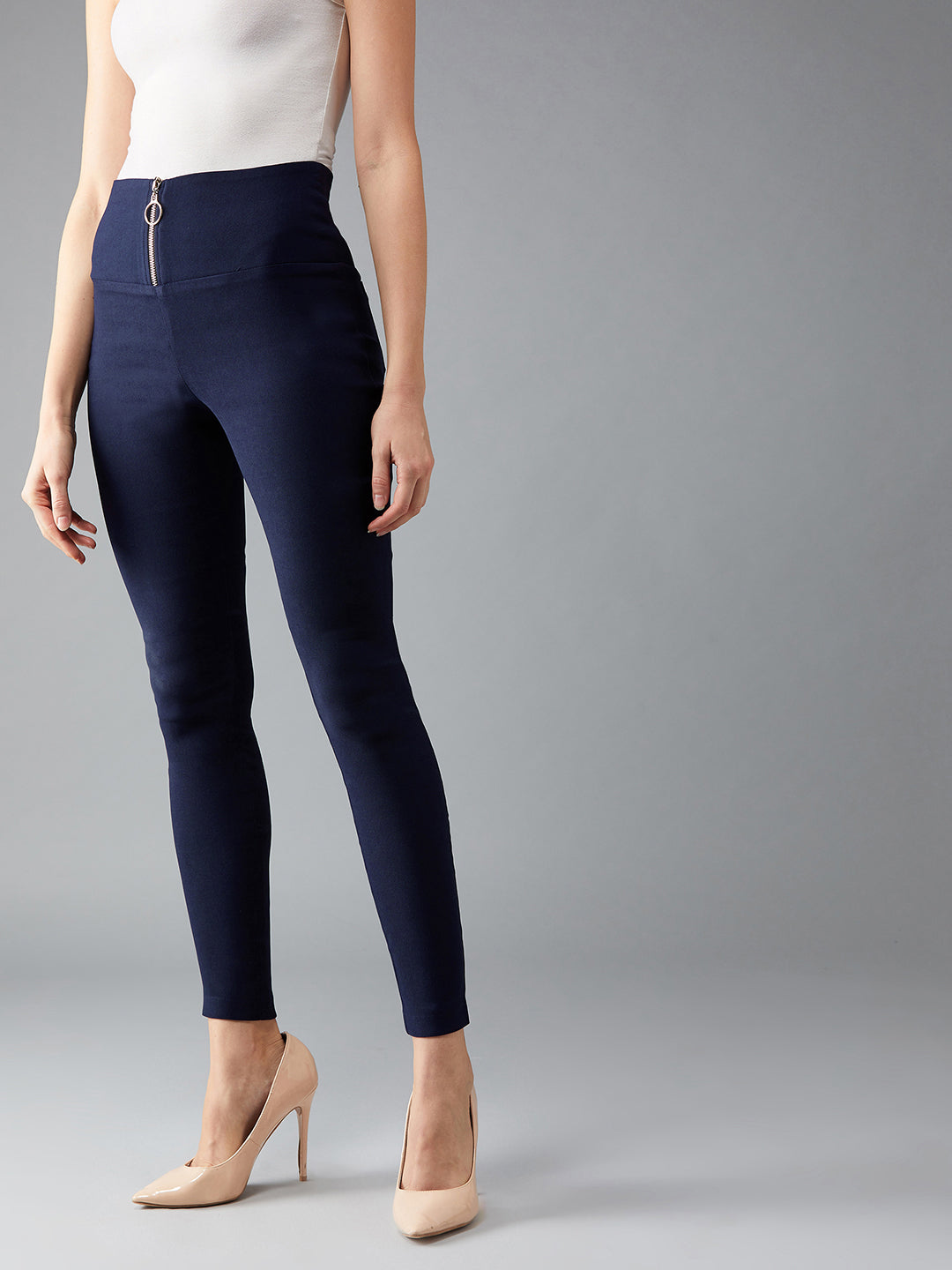 Women's Navy Blue Solid Skinny Zippered High Waist Regular Length Treggings