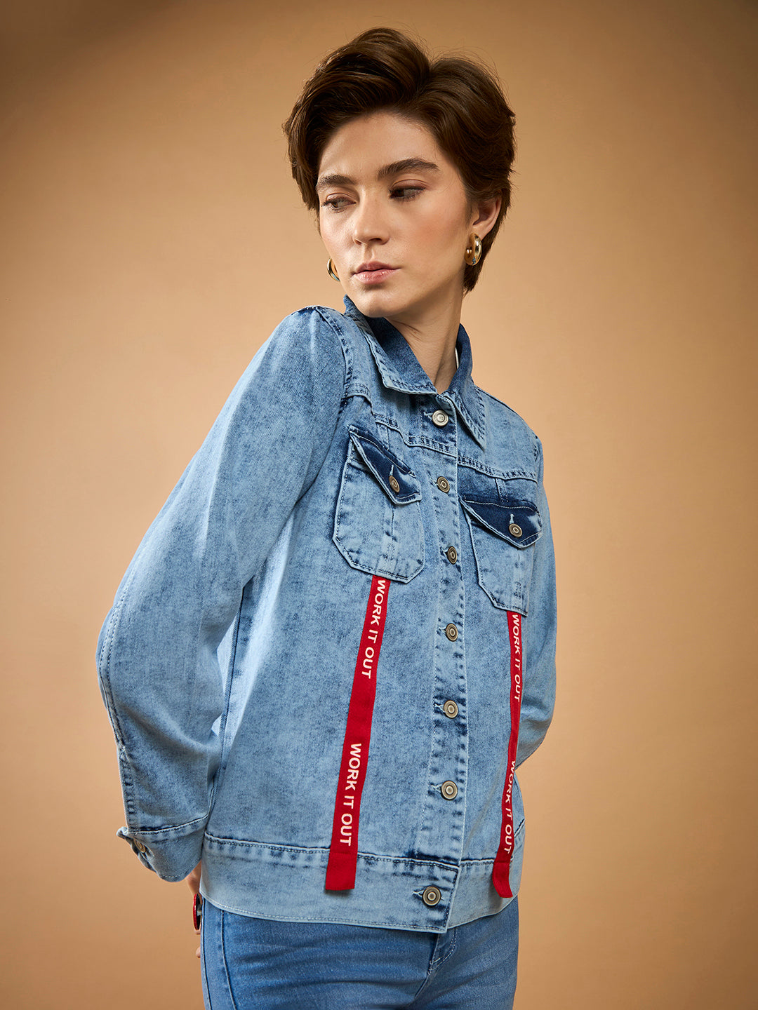 Women's Light Blue Collared Full Sleeve Buttoned Twill Tape Detailing Solid Denim Jacket