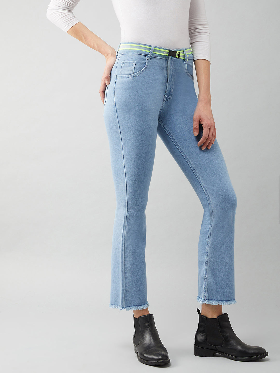 Women's Light Blue Bootcut High Rise Cropped Denim Stretchable Jeans