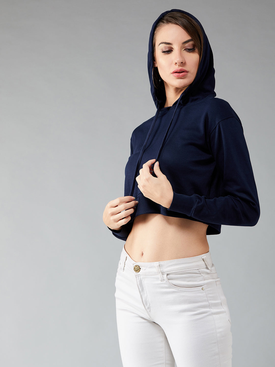 Women's Navy Blue Solid Round Neck Full Sleeve Hooded Boxy Crop Sweatshirt