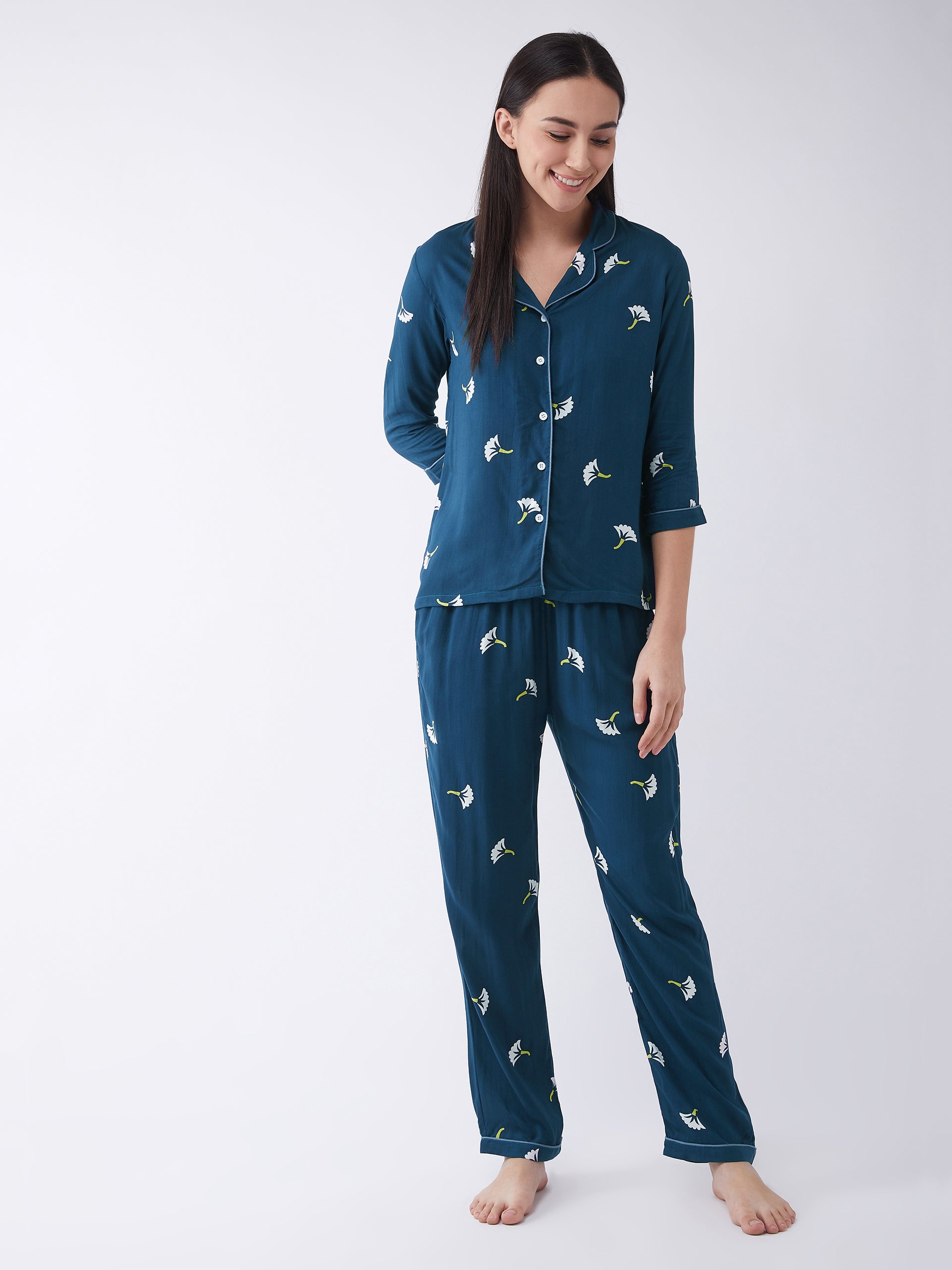 Women's Teal Regular length Printed Three-fourth Sleeves Collared Night Suit Set