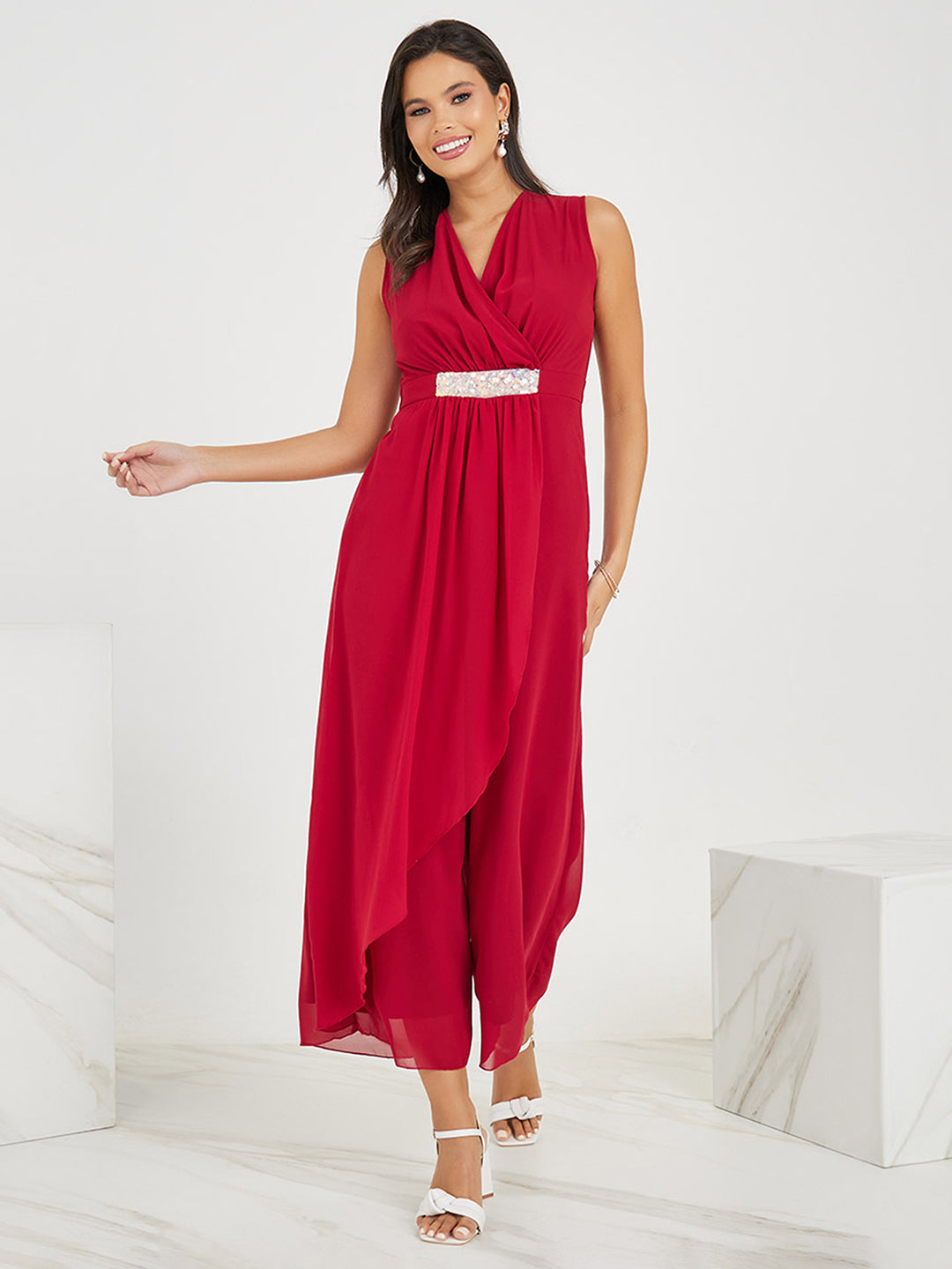 Women's Maroon V-Neck Sleeveless Embellished Wrap Regular-Length Jumpsuit