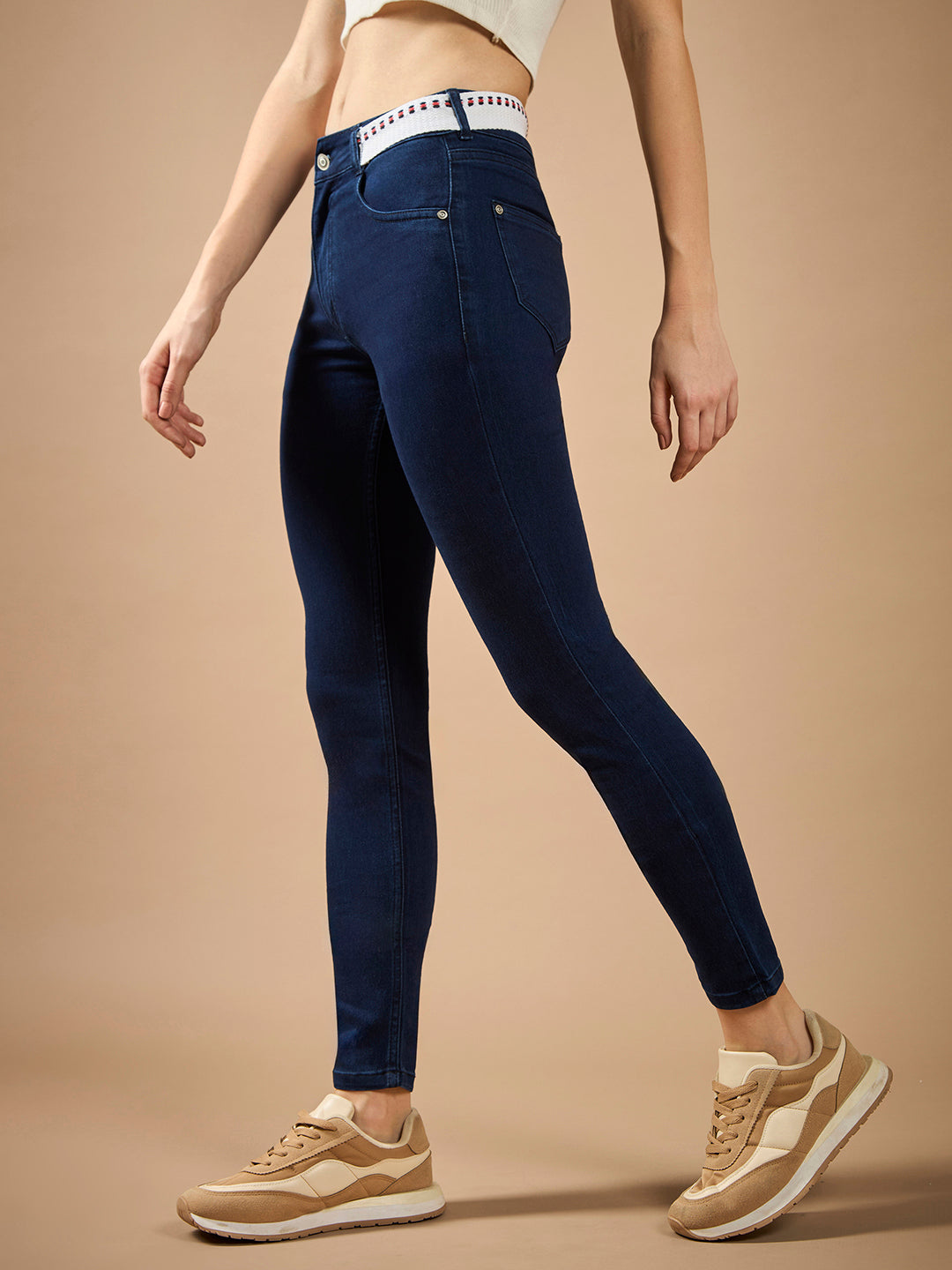 Women's Navy Blue Skinny-Fit Mid-Rise Regular-Length Twill Tape Detailing Denim Stretchable Jeans
