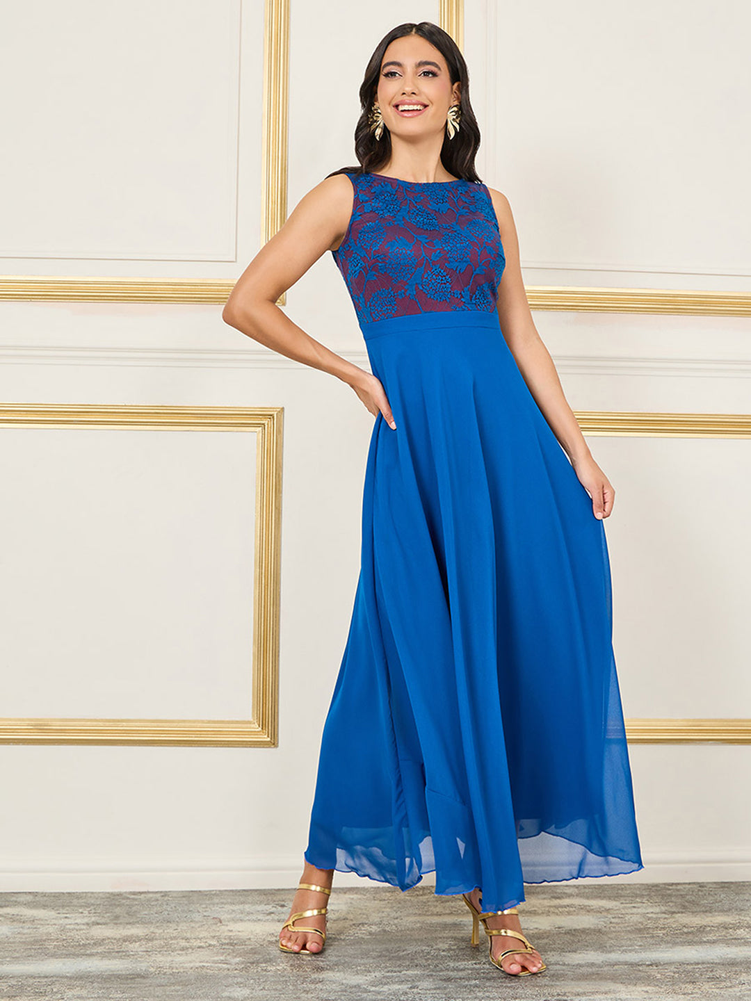 Women's Royal Blue Round Neck Sleeveless Georgette Floral Lace Fit & Flare Maxi Dress