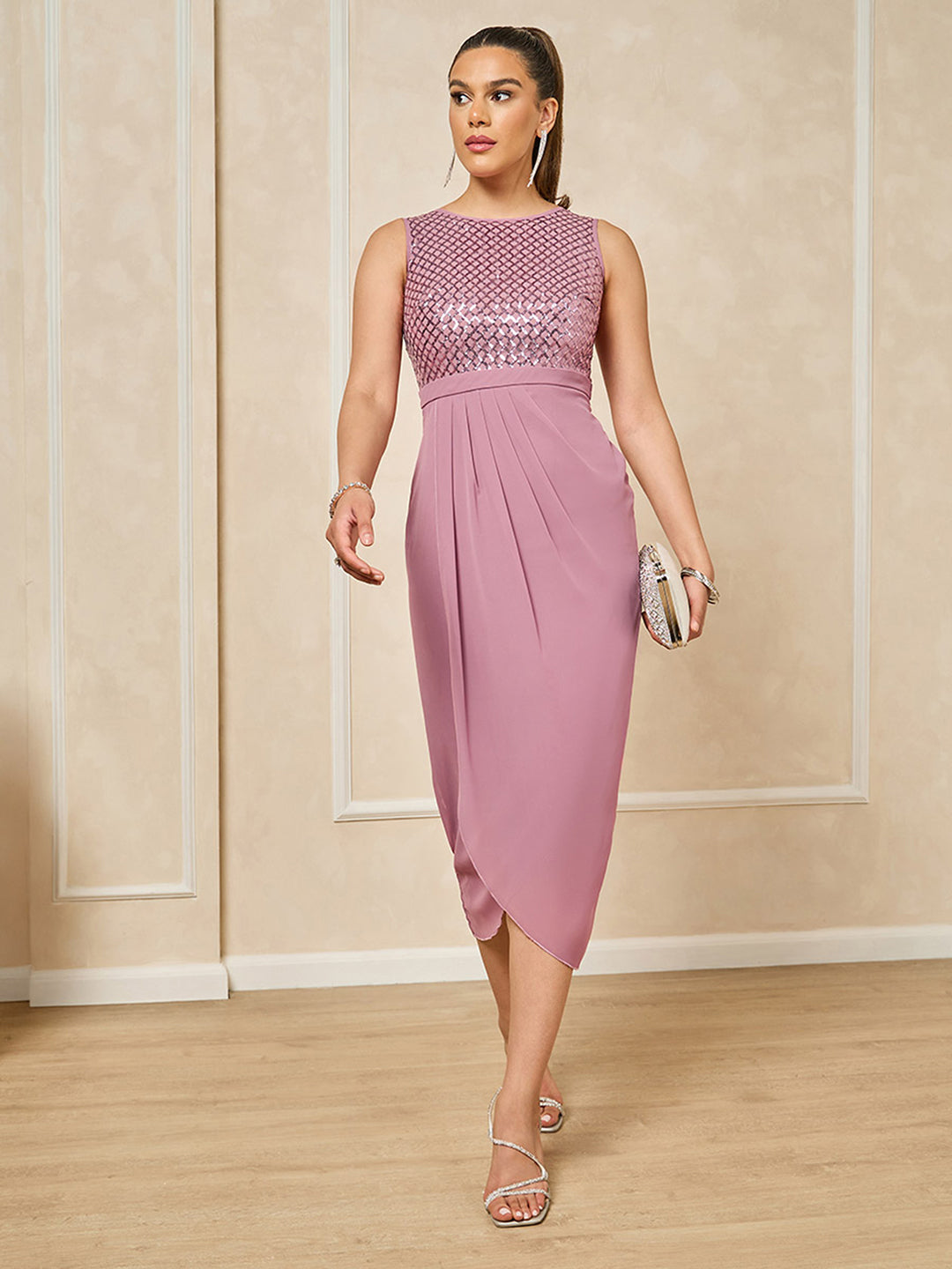Women's Dusty Lavender Round Neck Sleeveless Embellished Midi Dress