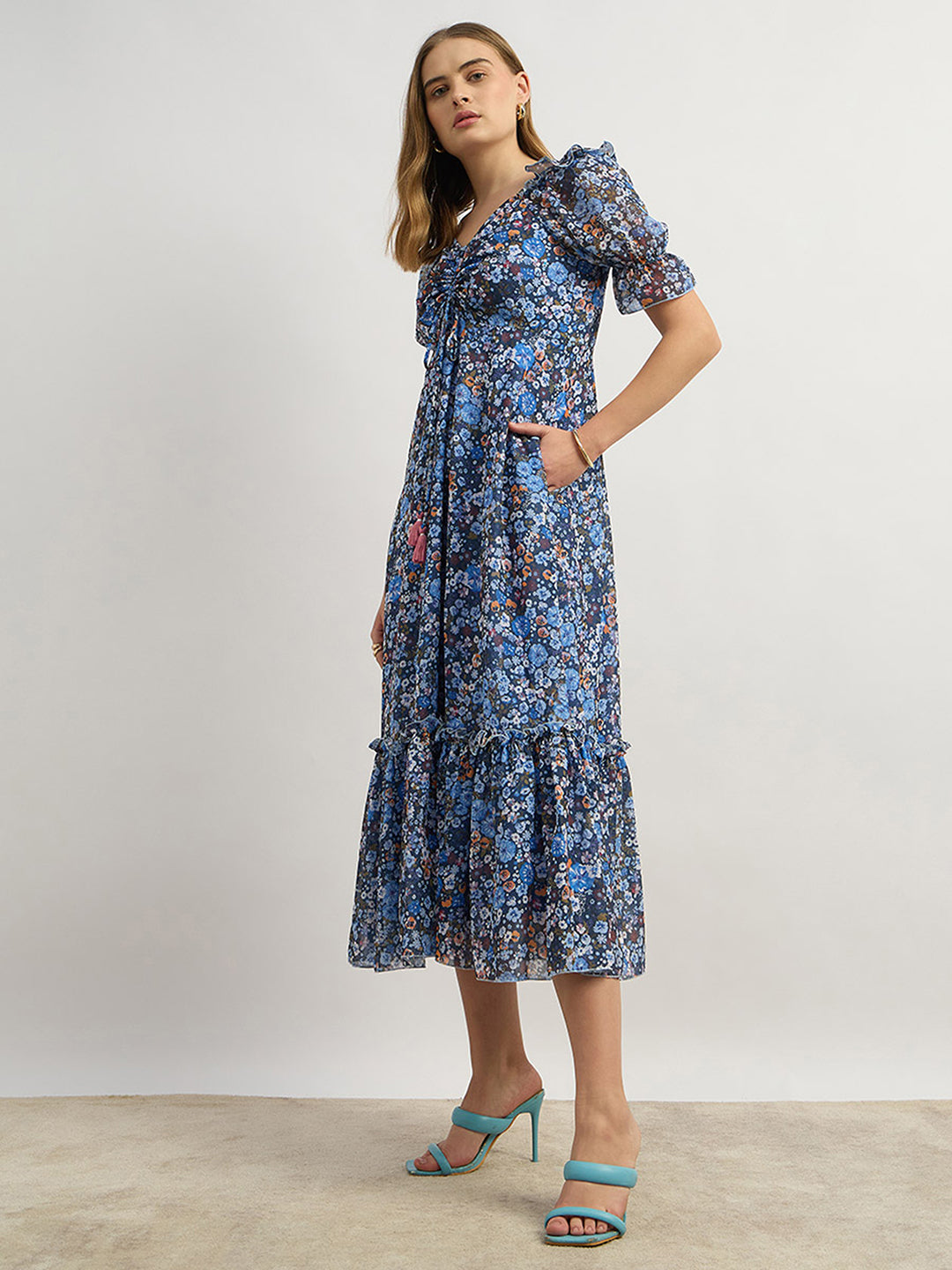 Women's Multicolored-Base-Navy Blue V-Neck Puff Sleeve Floral Ruching Ankle-Length Dress