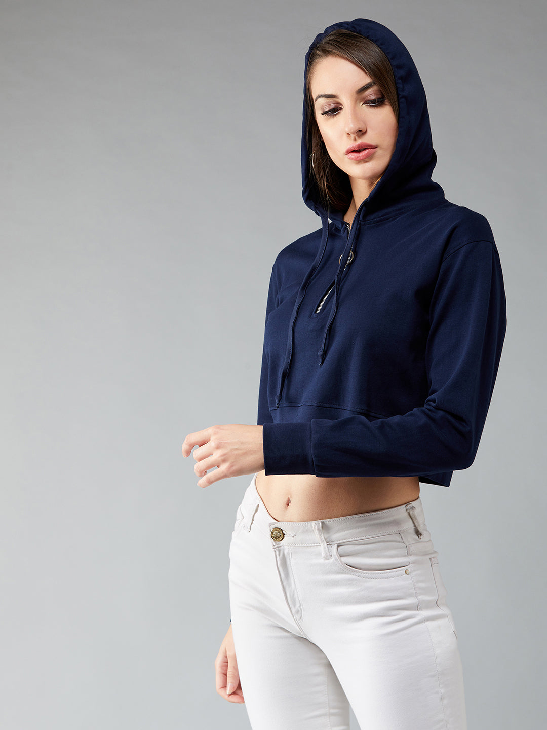 Women's Navy Blue Solid Round Neck Full Sleeve Hooded Boxy Crop Zippered Sweatshirt