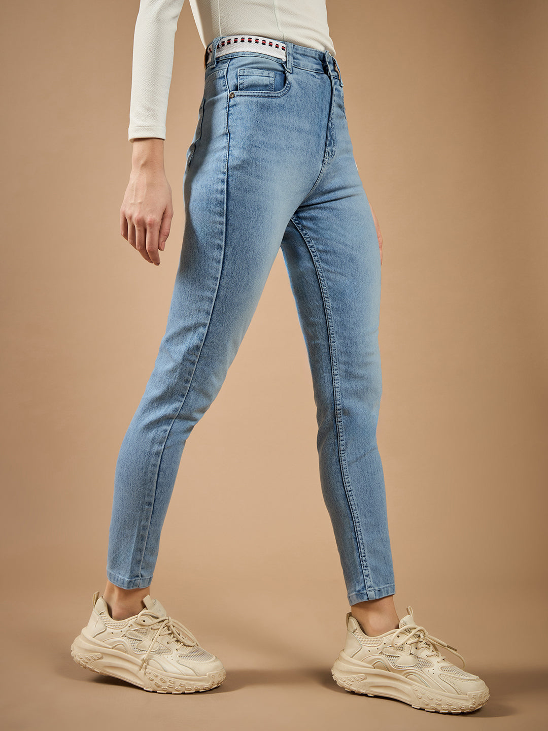Women's Light Blue Slim Fit High-Rise Regular-Length Light Wash Twill Tape Detailing Denim Stretchable Jeans