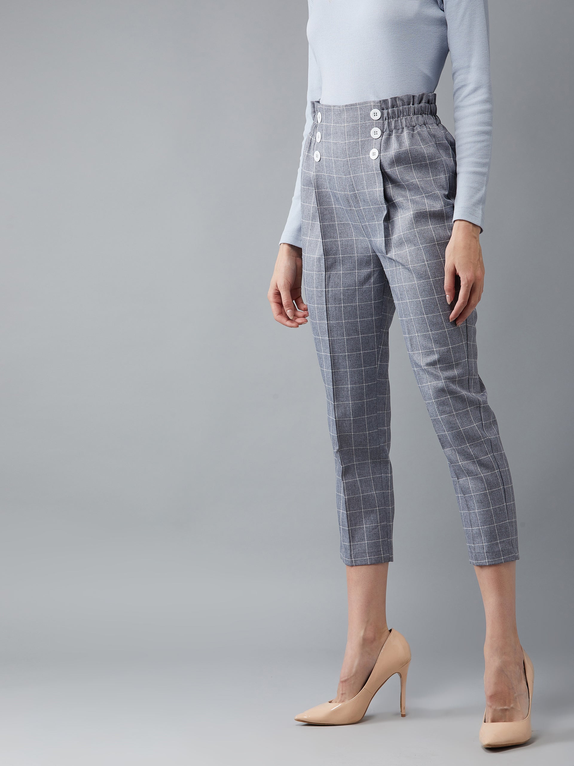 Women's Grey & White Polycotton Checkered Gathered/Pleated Cropped Trouser