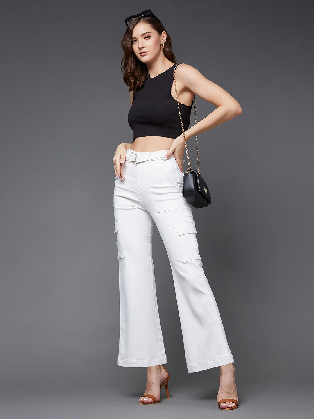 Women's White Wide Leg High Rise Clean Look Regular Stretchable Denim Jeans