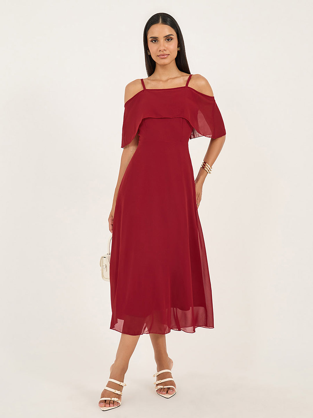 Women's Maroon Off-Shoulder Sleeveless Solid Skater Midi Dress