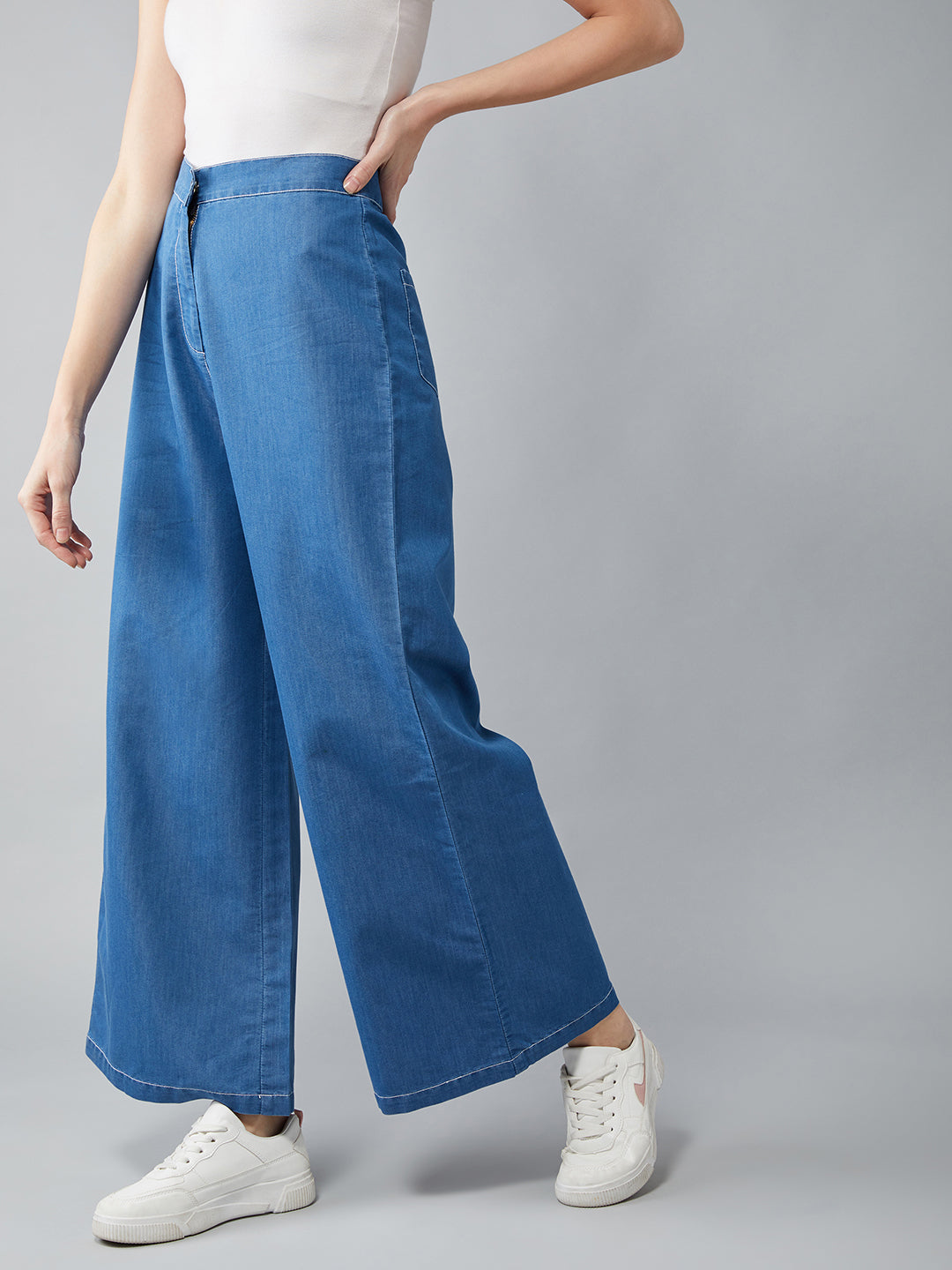 Women's Blue Wide-Leg High Rise Clean Look Light Weight Regular Length Denim Pants