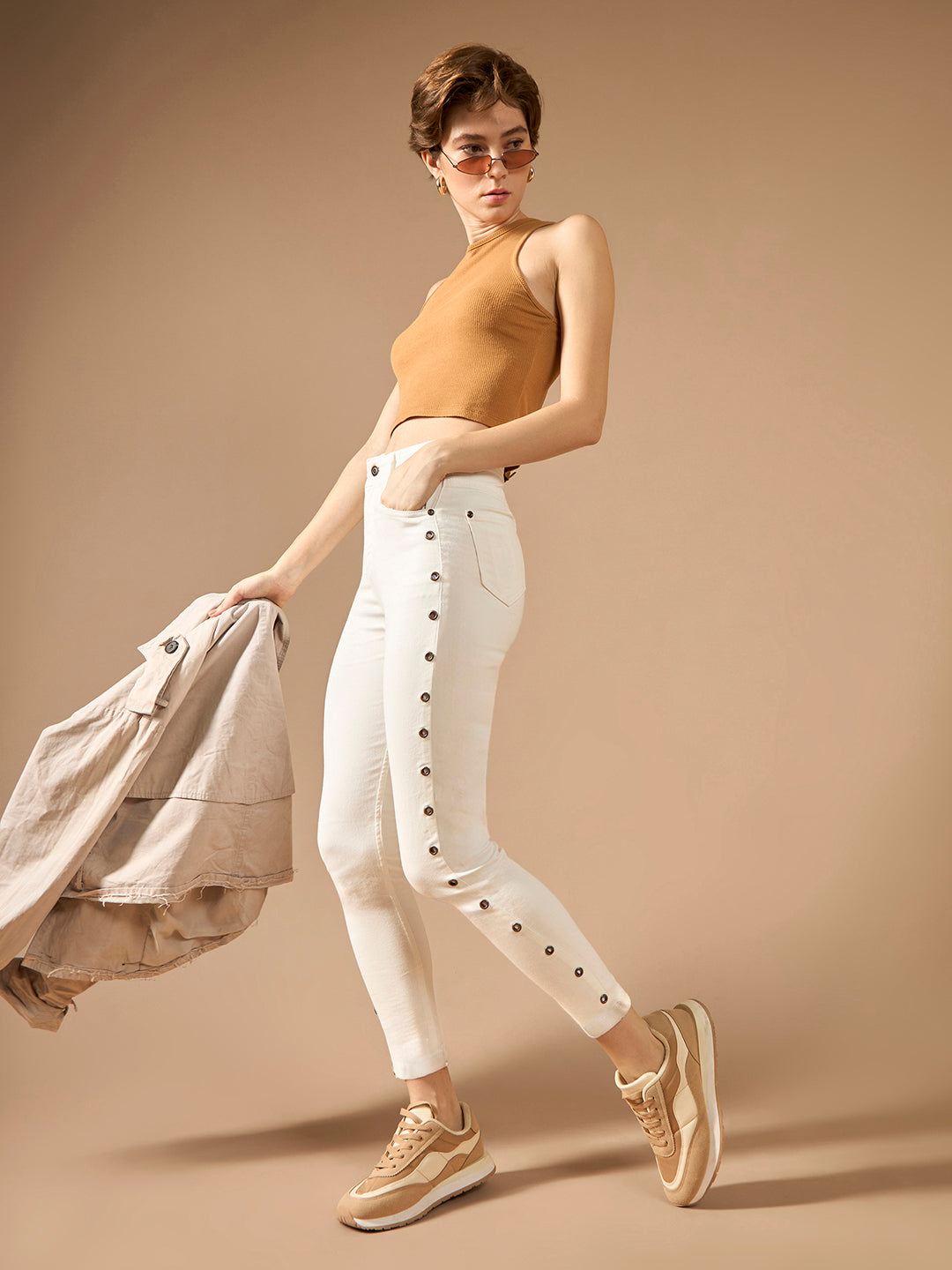 Women's White Skinny High-Rise Clean-Look Eyelet detailing Regular-Length Stretchable Denim Jeans