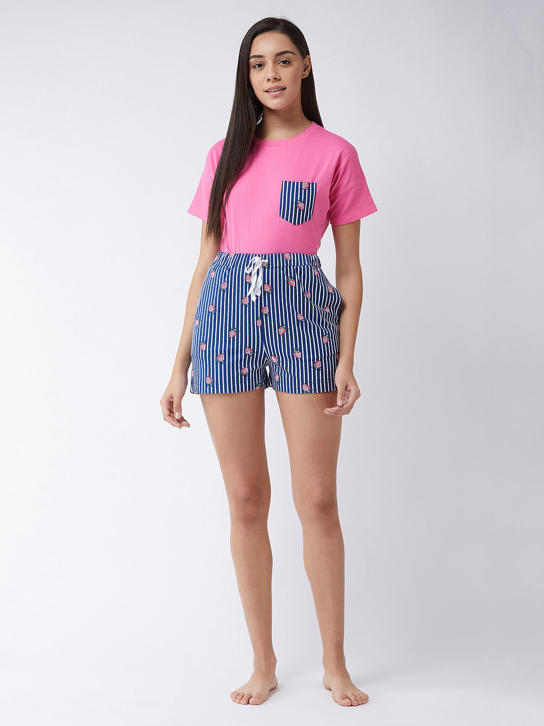 Women's Pink and Navy blue Round Neck Short Sleeves Crop Top & Shorts Set