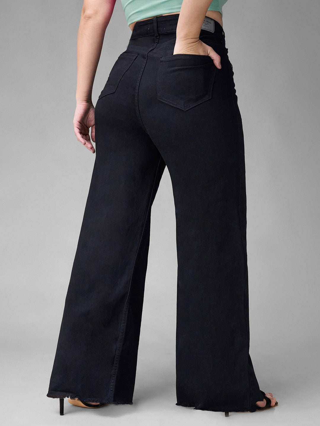 Black High Rise Stretchable Wide Leg Denim Jeans for Women