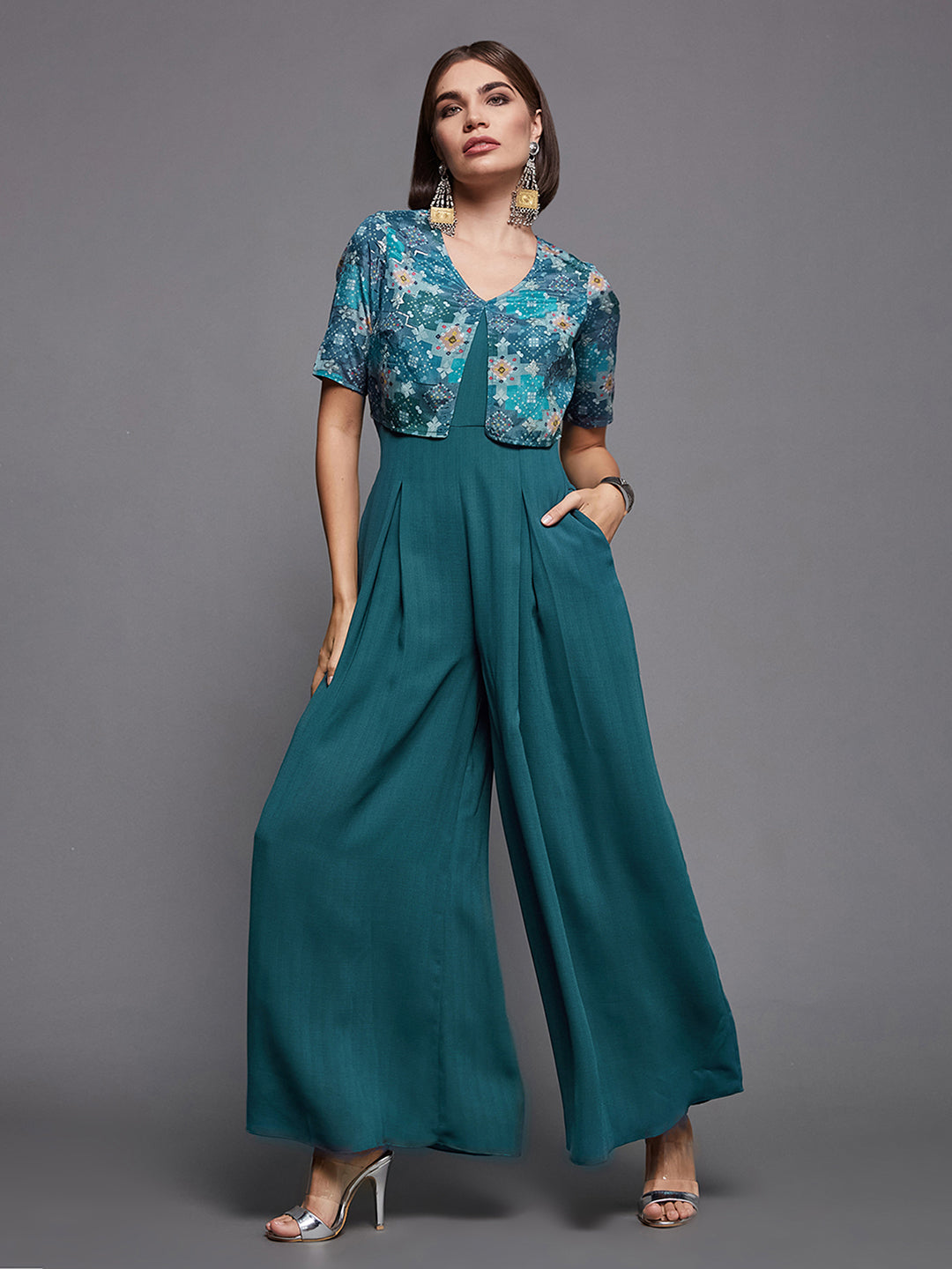 Women's Dusty Turquoise V-Neck Half Sleeves Pleated Solid Jumpsuit