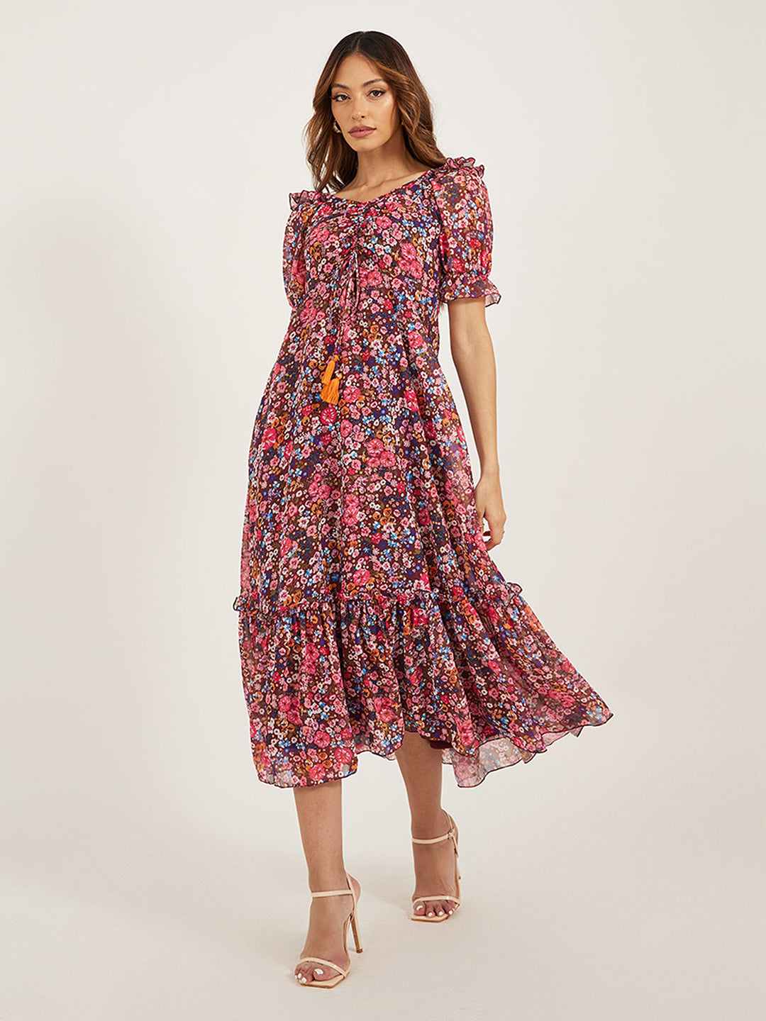 Women's Multicolored-Base-Wine V-Neck Puff Sleeve Floral Ruching Ankle-Length Dress