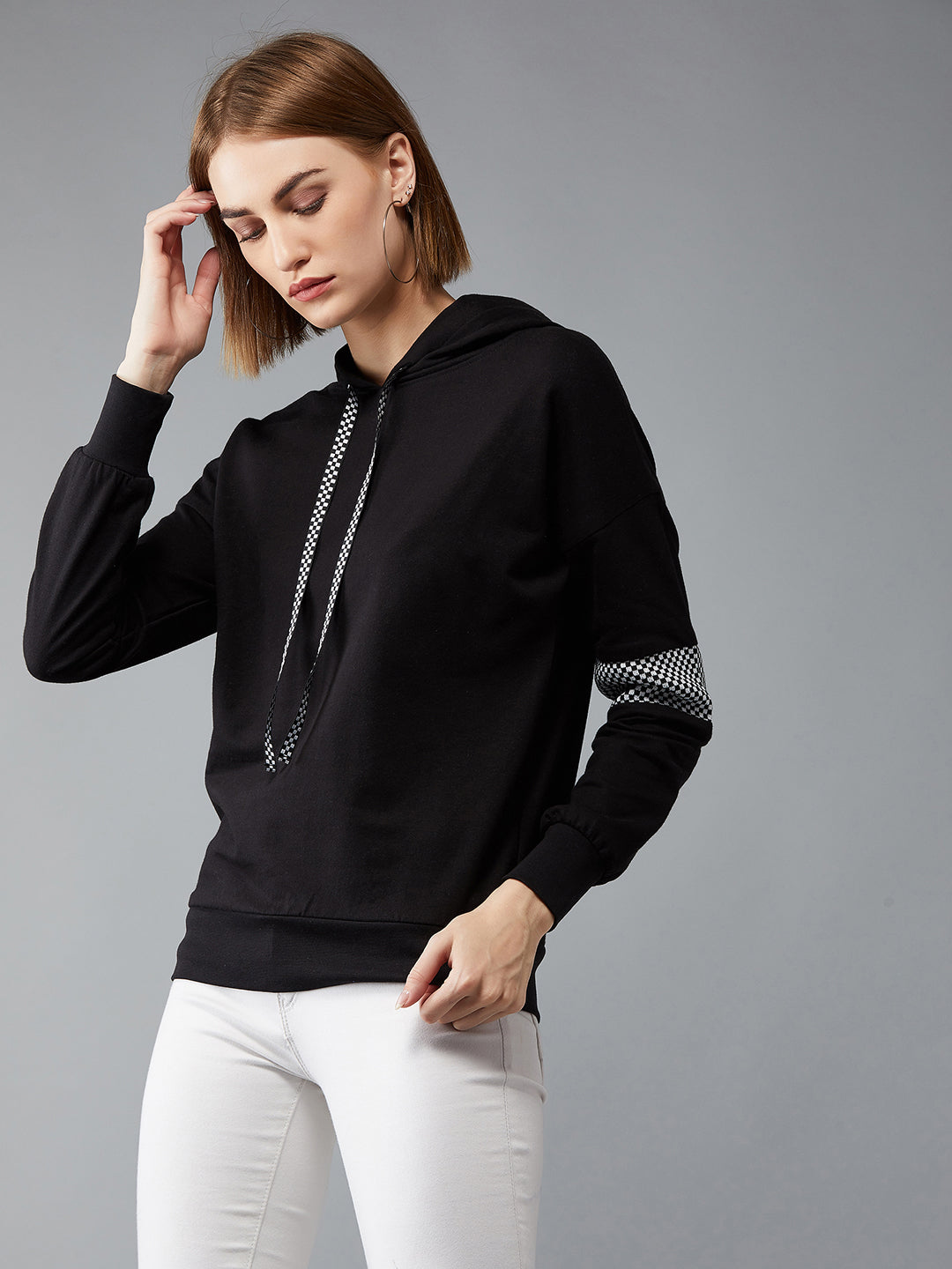 Women's Black Round Neck Full Sleeves Ribbed Solid Drop Shoulder Boxy Regular Length Hooded Sweatshirt