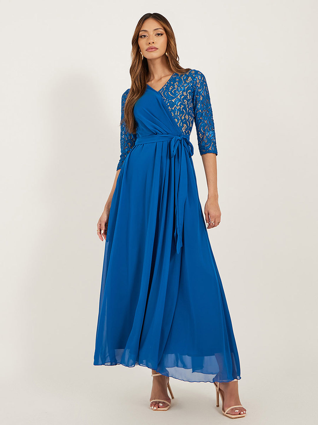 Women's Royal Blue V-Neck 3/4 Sleeve Self-Designed Wrap-Styled Georgette Maxi Dress