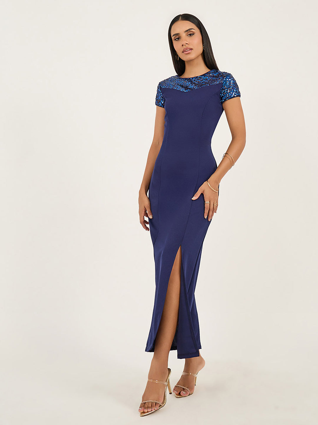 Women's Navy Blue Round Neck Cap Sleeves Sequin Panelled Solid Bodycon Maxi Dress