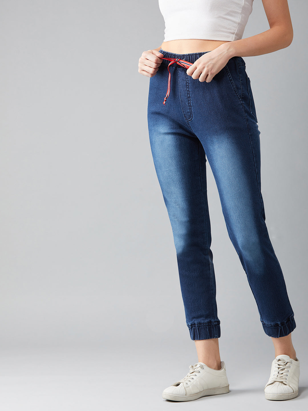 Women's Navy Blue Solid Mid Rise Clean Look Regular Length Stretchable Denim Jogger Pants