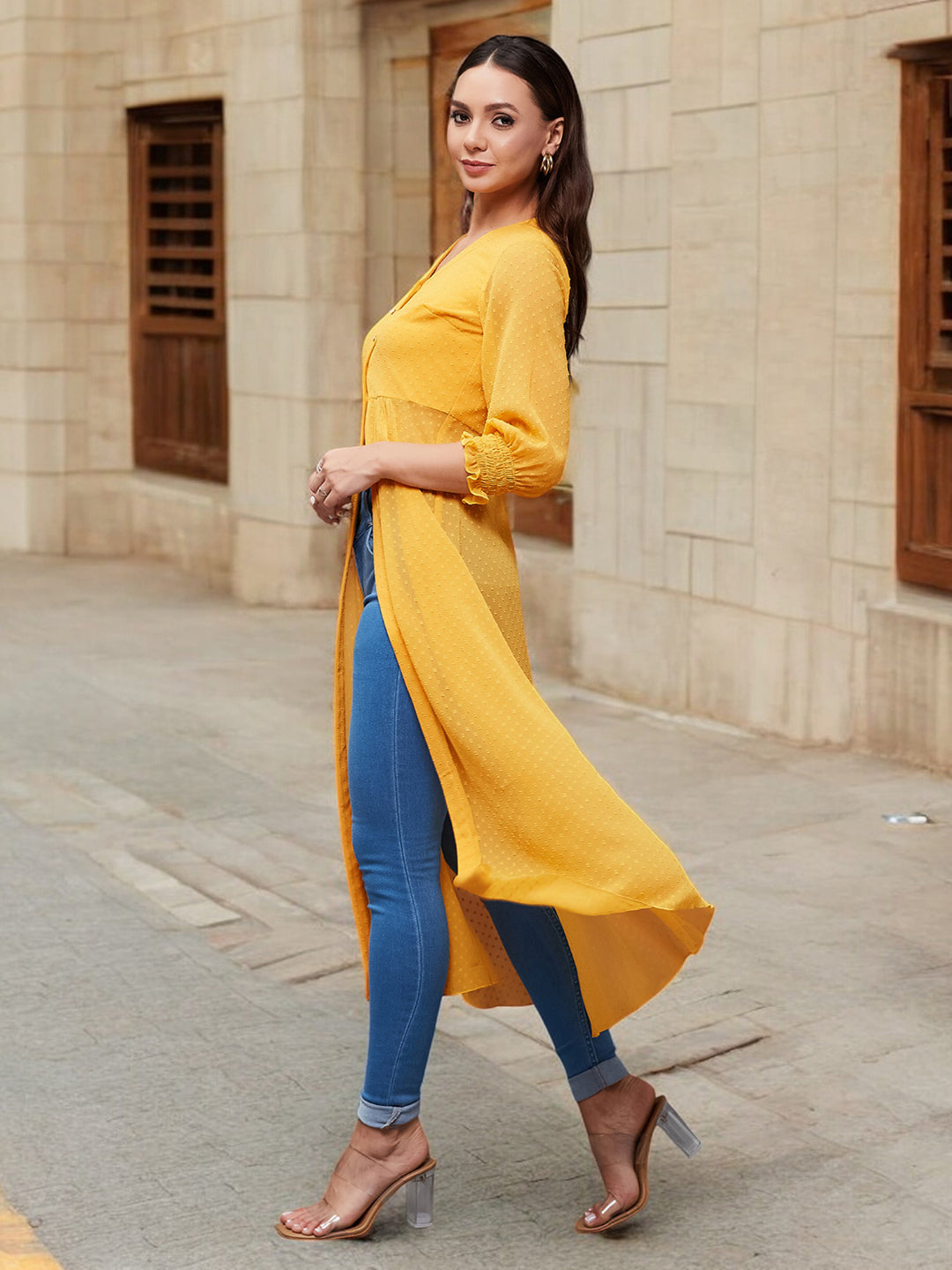 Mustard Yellow V-Neck 3/4 Sleeves solid empire Maxi Top for Women