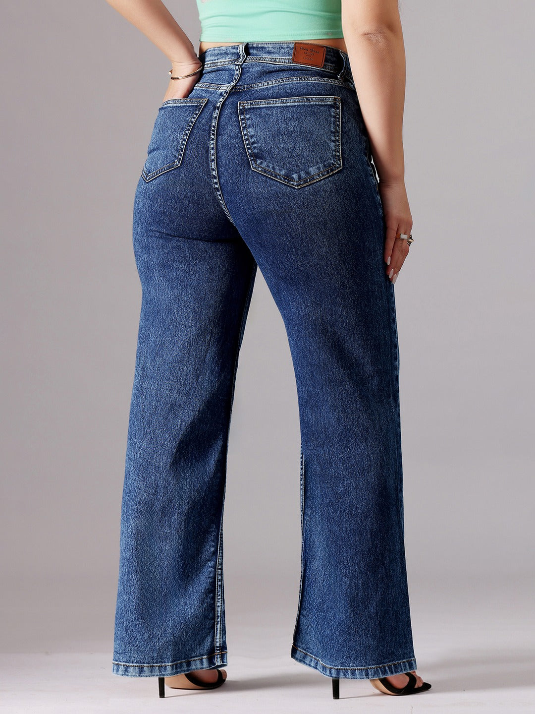 Mid Blue Wide-Leg High-Rise Stretchable Denim Jeans for Women