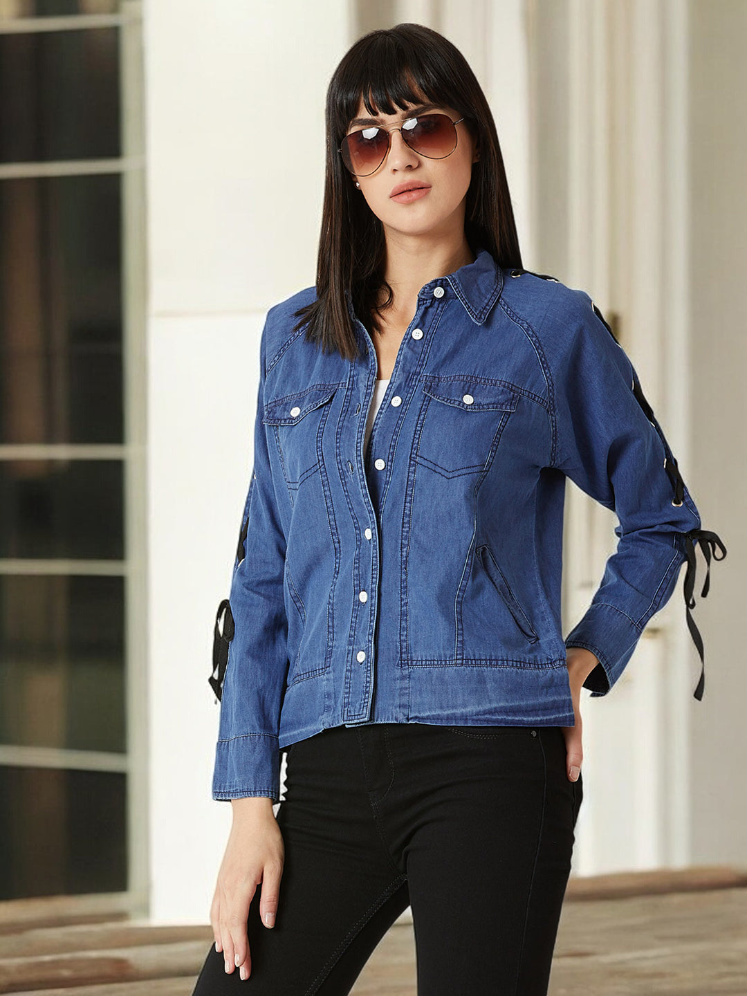 Women's Blue Polo Neck Full Sleeve Buttoned Eyelet And Twill Tape Detailing Solid Bomber Denim Jacket