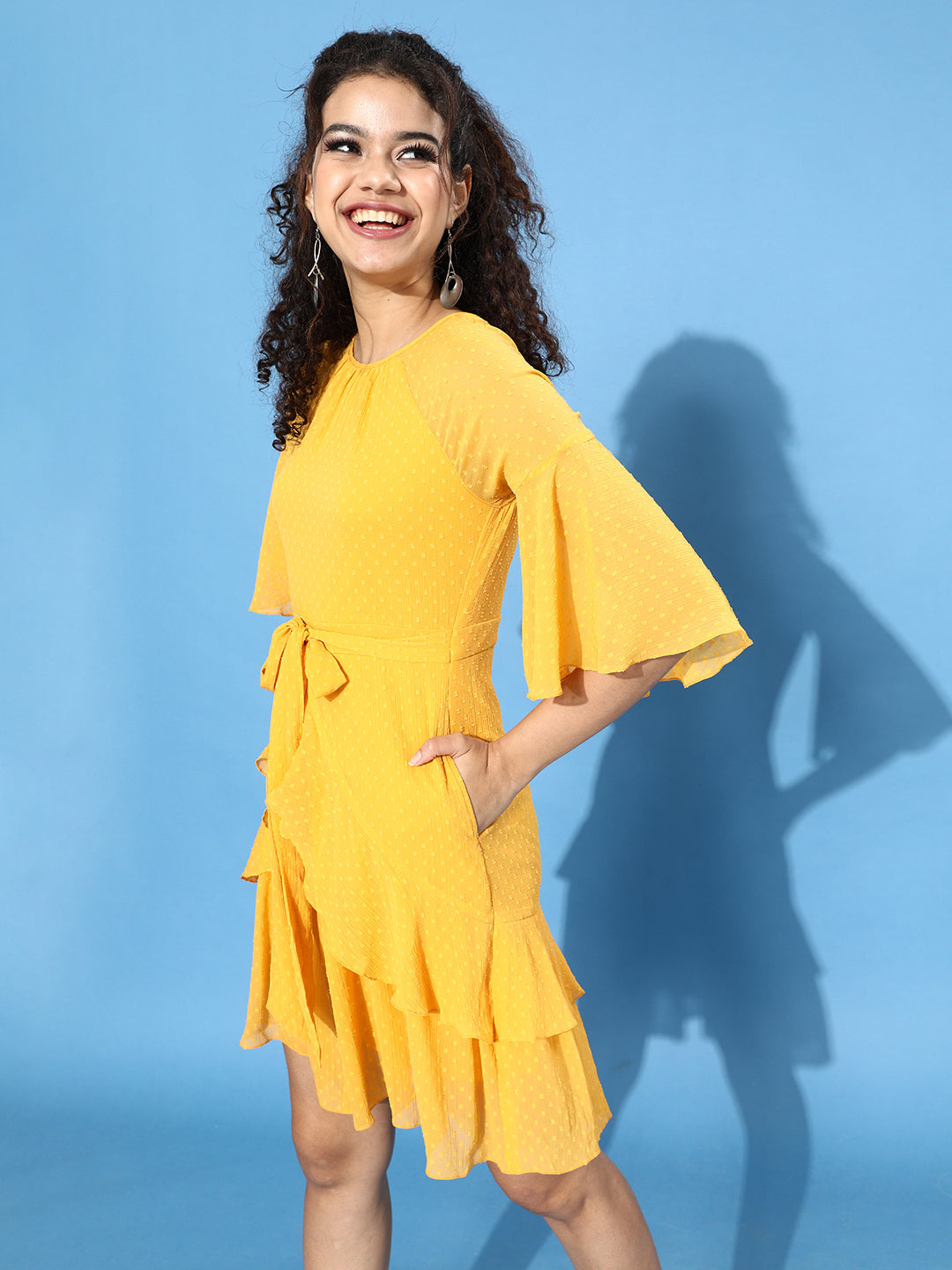 Women's Mustard-Yellow Round Neck Ruffled Sleeve Solid Ruffled Midi Dress